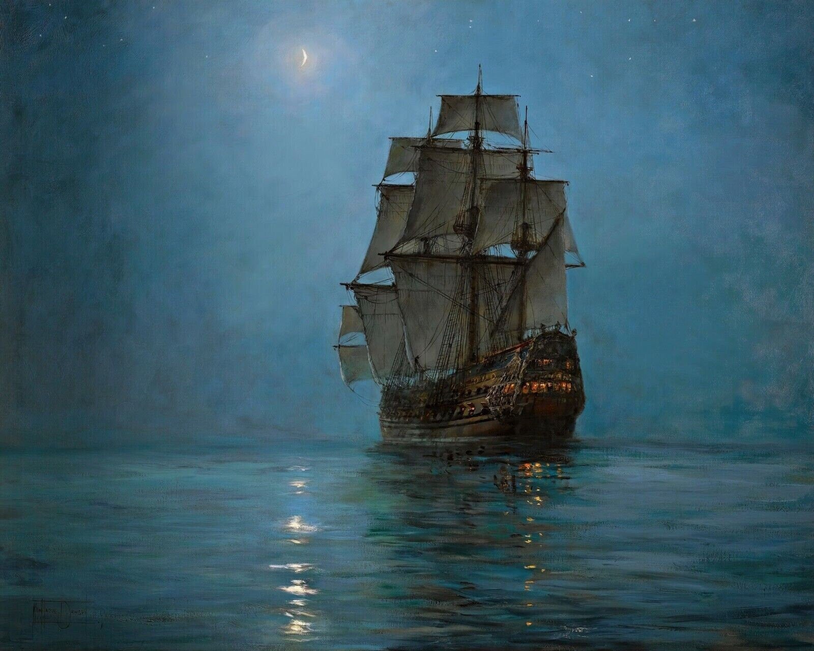 Sailing Under the Silvery Glow | "The Crescent Moon" by Montague Dawson | Heavyweight paper / real art canvas