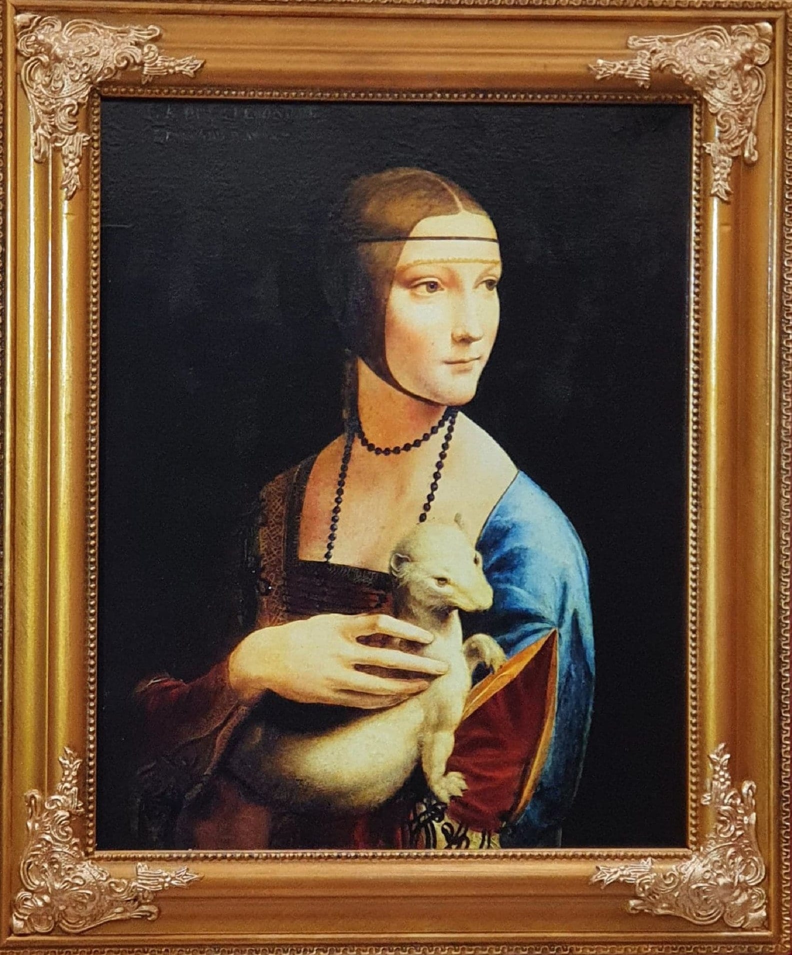 Leonardo Da Vinci Lady with an Ermine Portrait, Fine Art Print in Gold Ornate Frame FOSHE ART