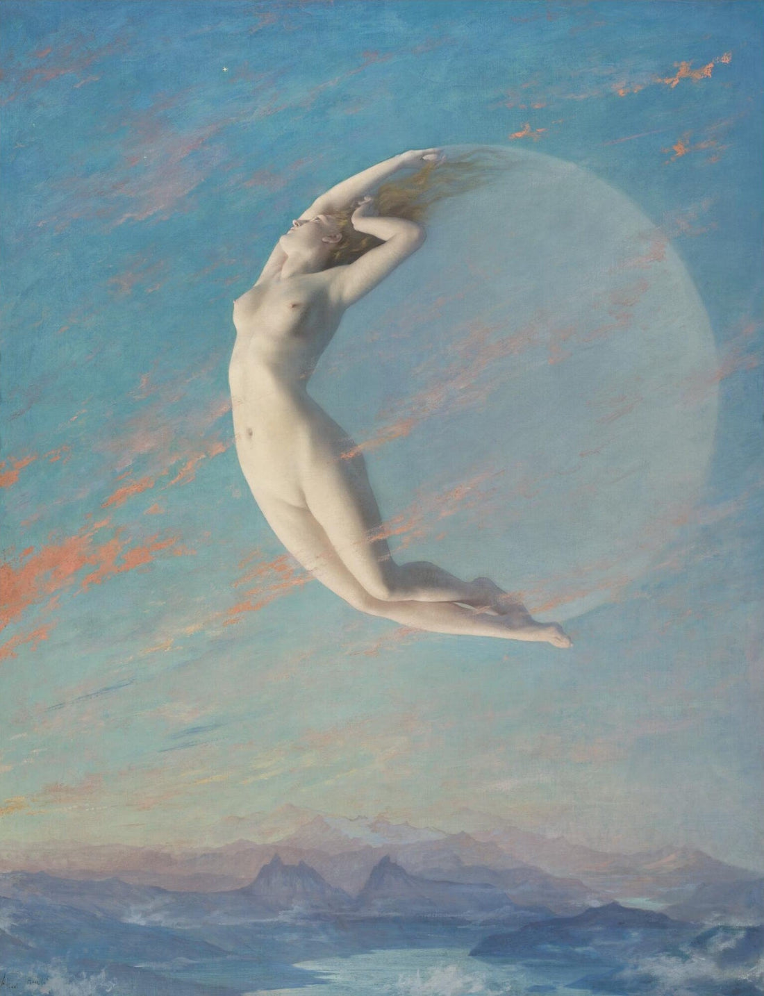 Moonlit Beauty: Vintage Art Reproduction of ‘SELENA’ by Albert Aublet FOSHE ART