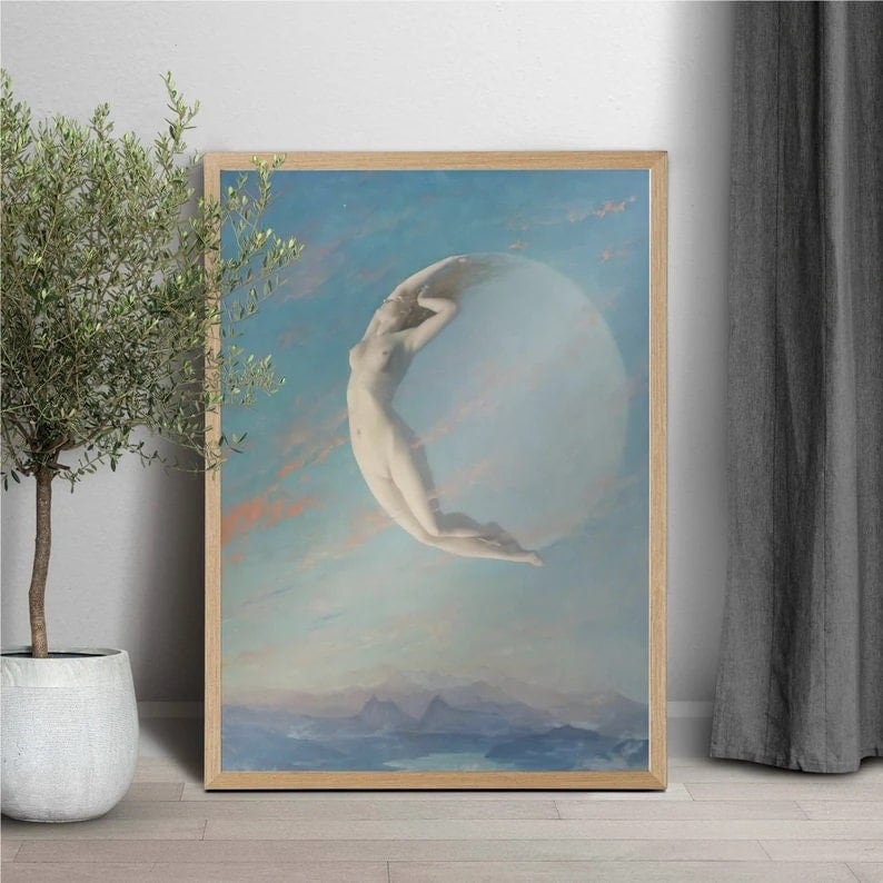 Moonlit Beauty: Vintage Art Reproduction of ‘SELENA’ by Albert Aublet FOSHE ART
