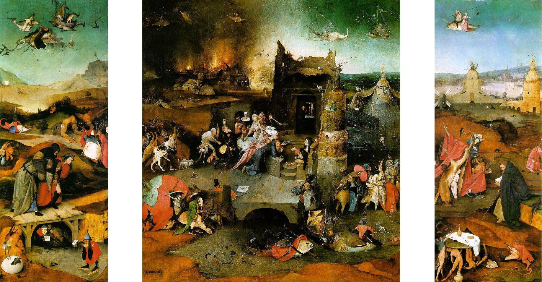 Hieronymus Bosch "Temptation of St Antony" Triptych, Canvas or Paper Print FOSHE ART