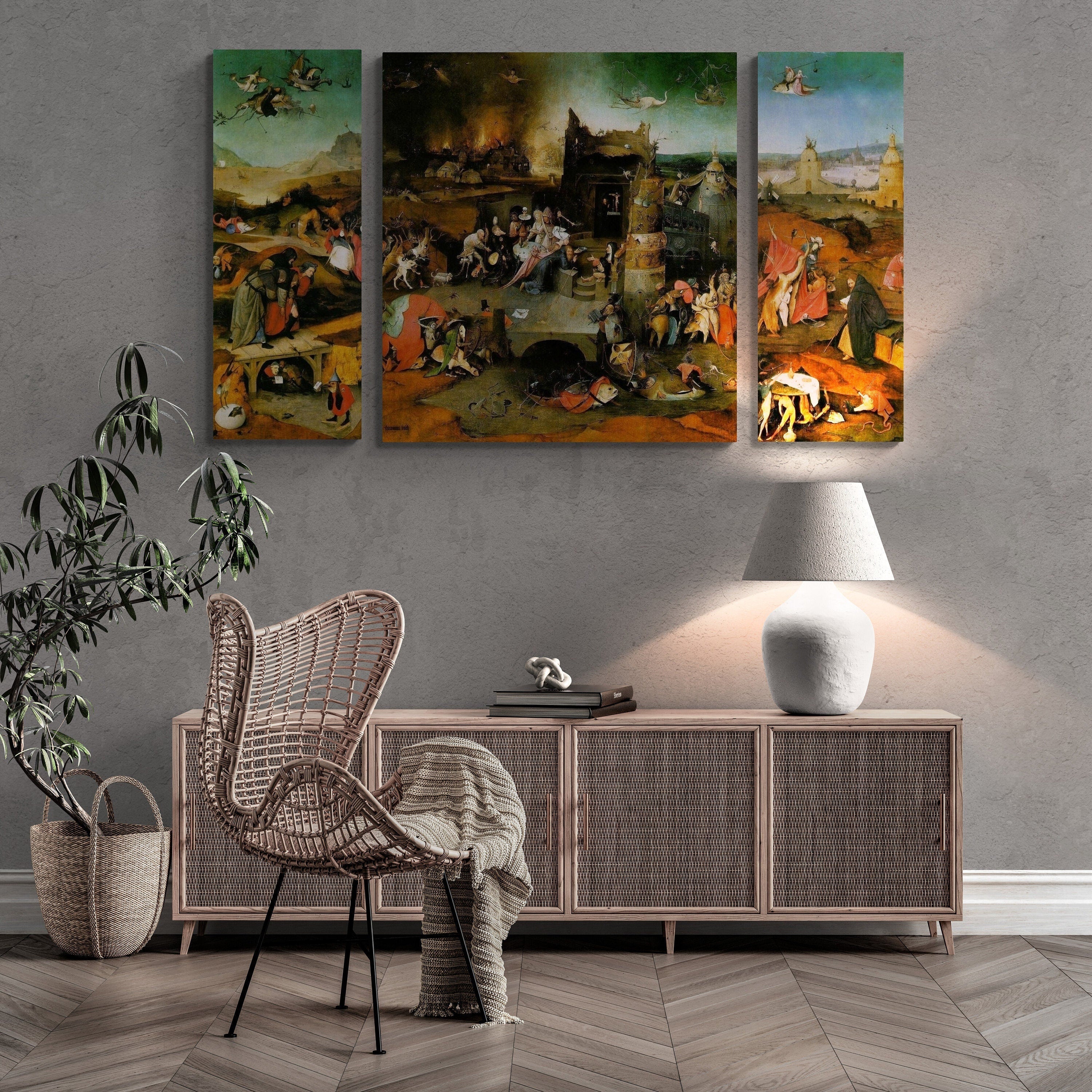 Hieronymus Bosch "Temptation of St Antony" Triptych, Canvas or Paper Print FOSHE ART