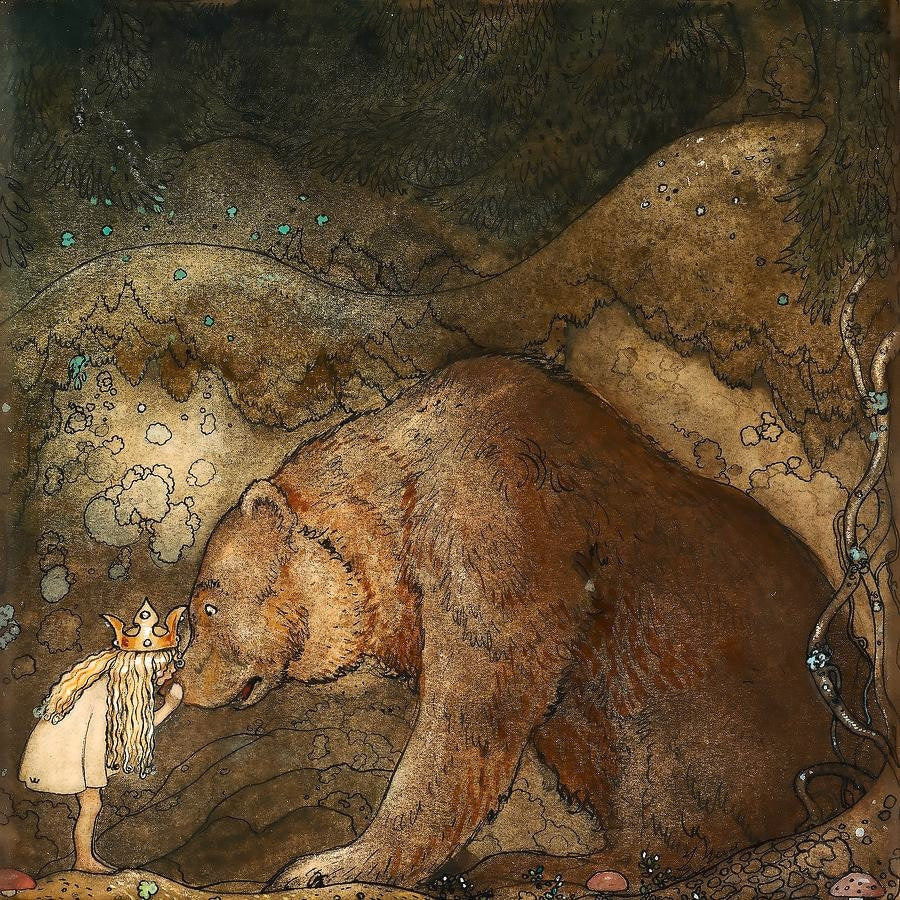 Princess Bella’s Bear Kiss – Vintage John Bauer Reproduction, Fairy Tale Illustration, Canvas Wall Decor Art, Swedish Artist Premium Art