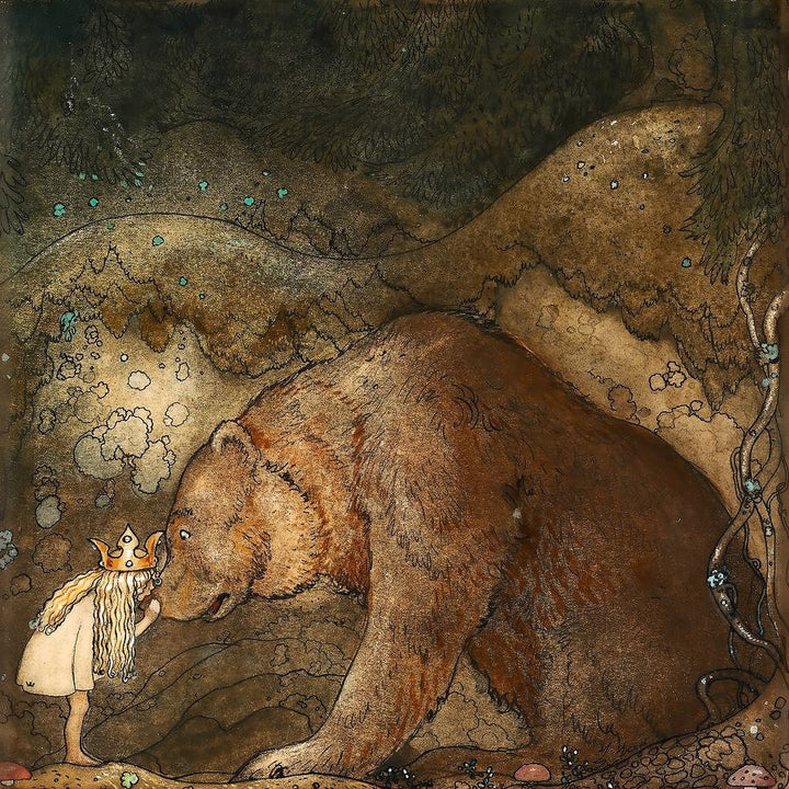 Princess Bella’s Bear Kiss – Vintage John Bauer Reproduction, Fairy Tale Illustration, Canvas Wall Decor Art, Swedish Artist Premium Art
