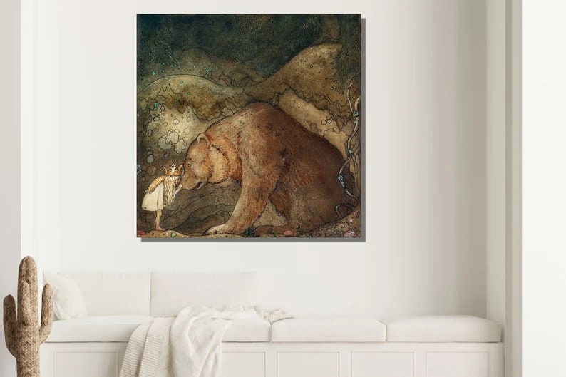 Princess Bella’s Bear Kiss – Vintage John Bauer Reproduction, Fairy Tale Illustration, Canvas Wall Decor Art, Swedish Artist Premium Art