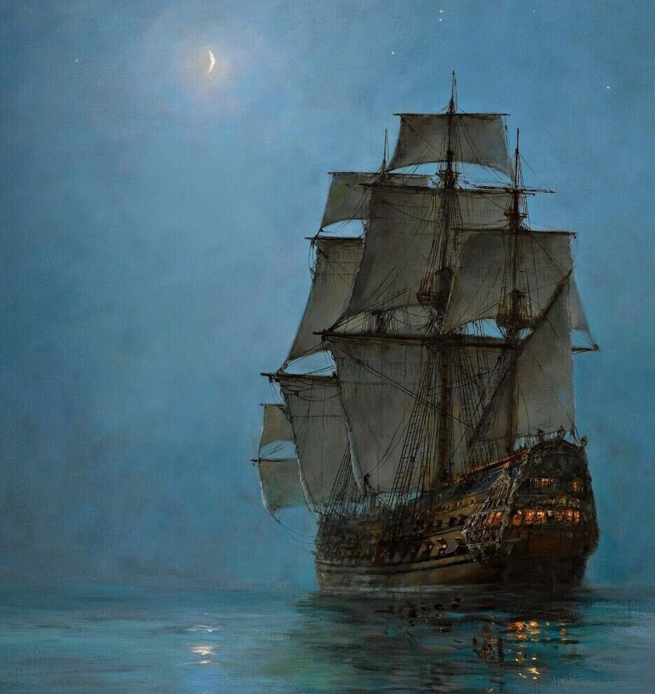 Montague Dawson Crescent Moon Sailing Ship Print, Maritime Art FOSHE ART