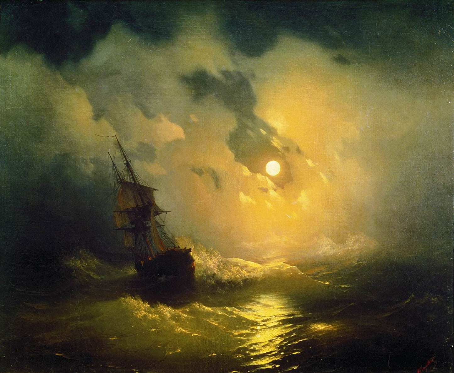 Stormy Sea at Night Aivazovsky Gliclée canvas hand finished premium print with brush strokes and golden vintageous frame looks like original FOSHE ART