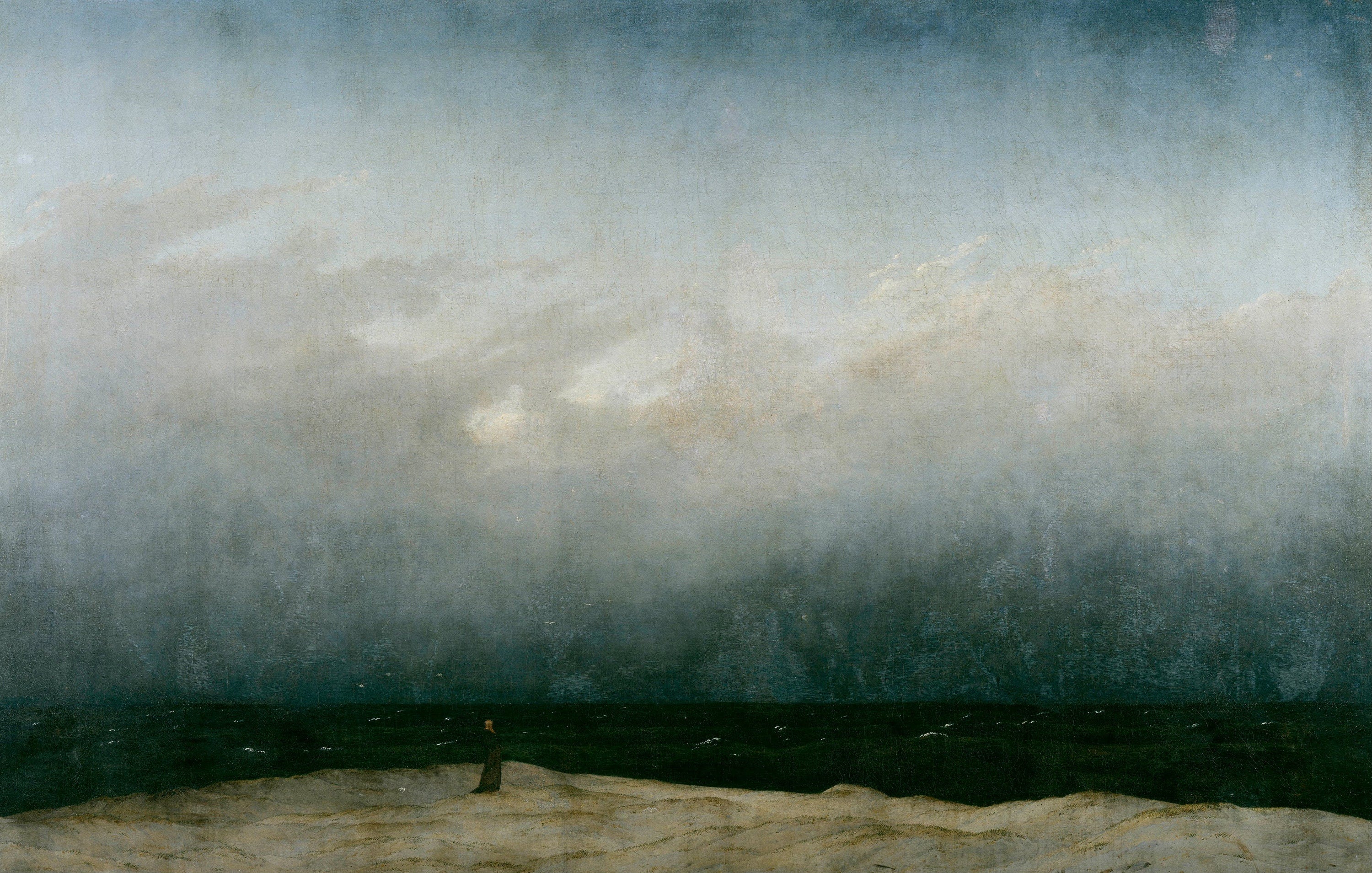 Caspar David Friedrich 'Monk by the Sea' Canvas Print in Golden Vintage Frame, Brush Strokes FOSHE ART