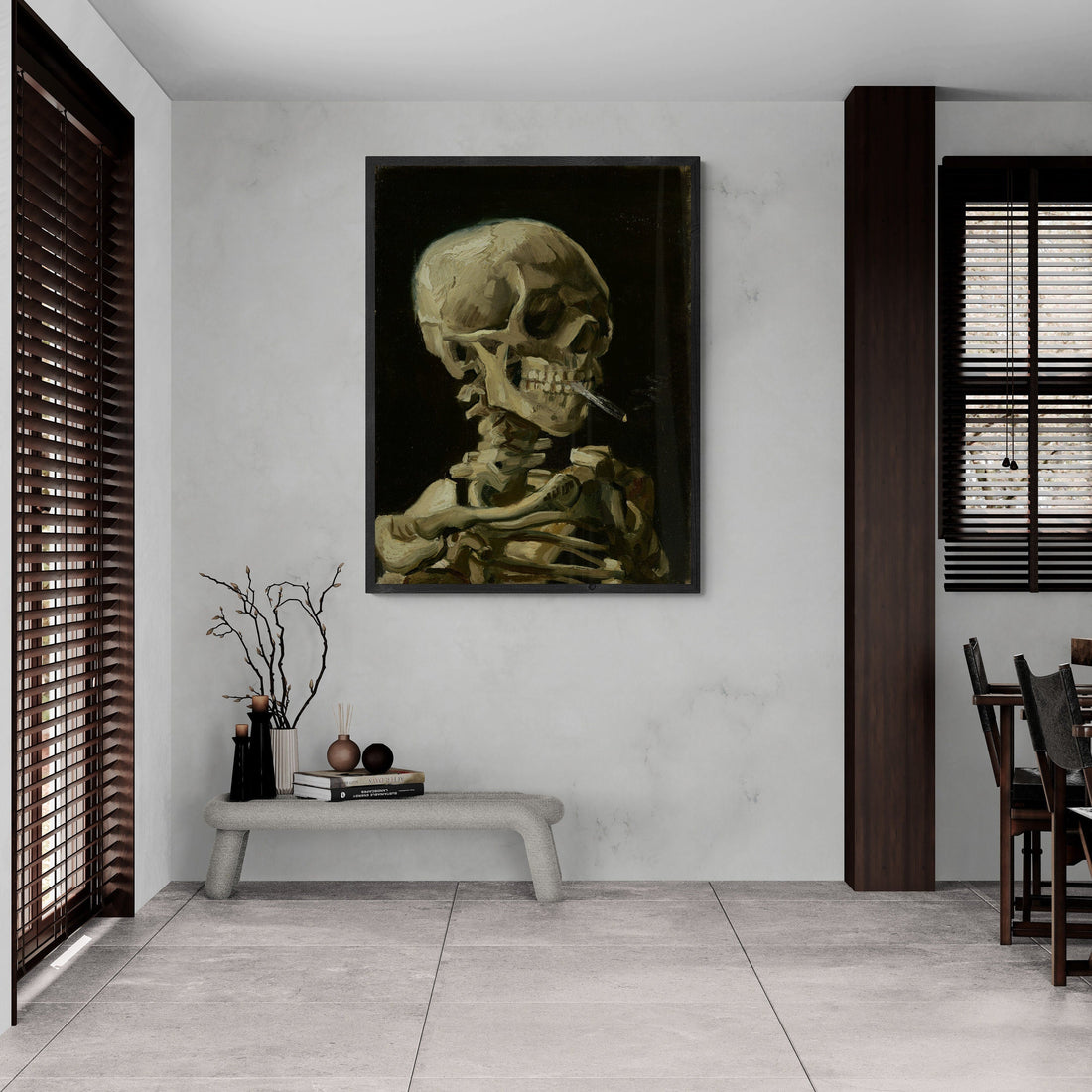 Head of Skeleton with Burning Cigarette, Van Gogh Giclée Art Print, Heavyweight paper/art canvas, 3D printed with texture and brush strokes FOSHE ART