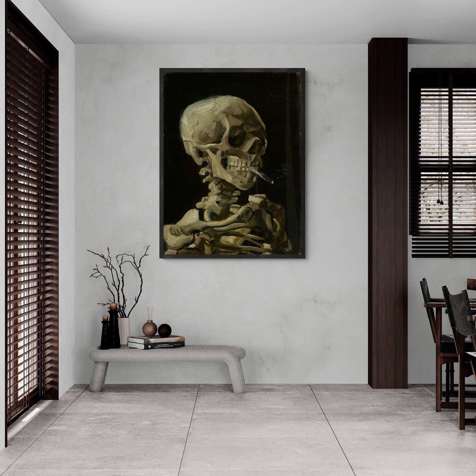 Head of Skeleton with Burning Cigarette, Van Gogh Giclée Art Print, Heavyweight paper/art canvas, 3D printed with texture and brush strokes FOSHE ART