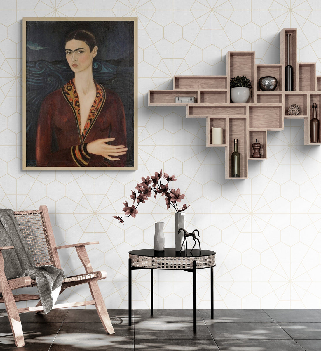 Frida Kahlo Self-Portrait Print, Velvet Dress, 3D Hand Finish Canvas FOSHE ART
