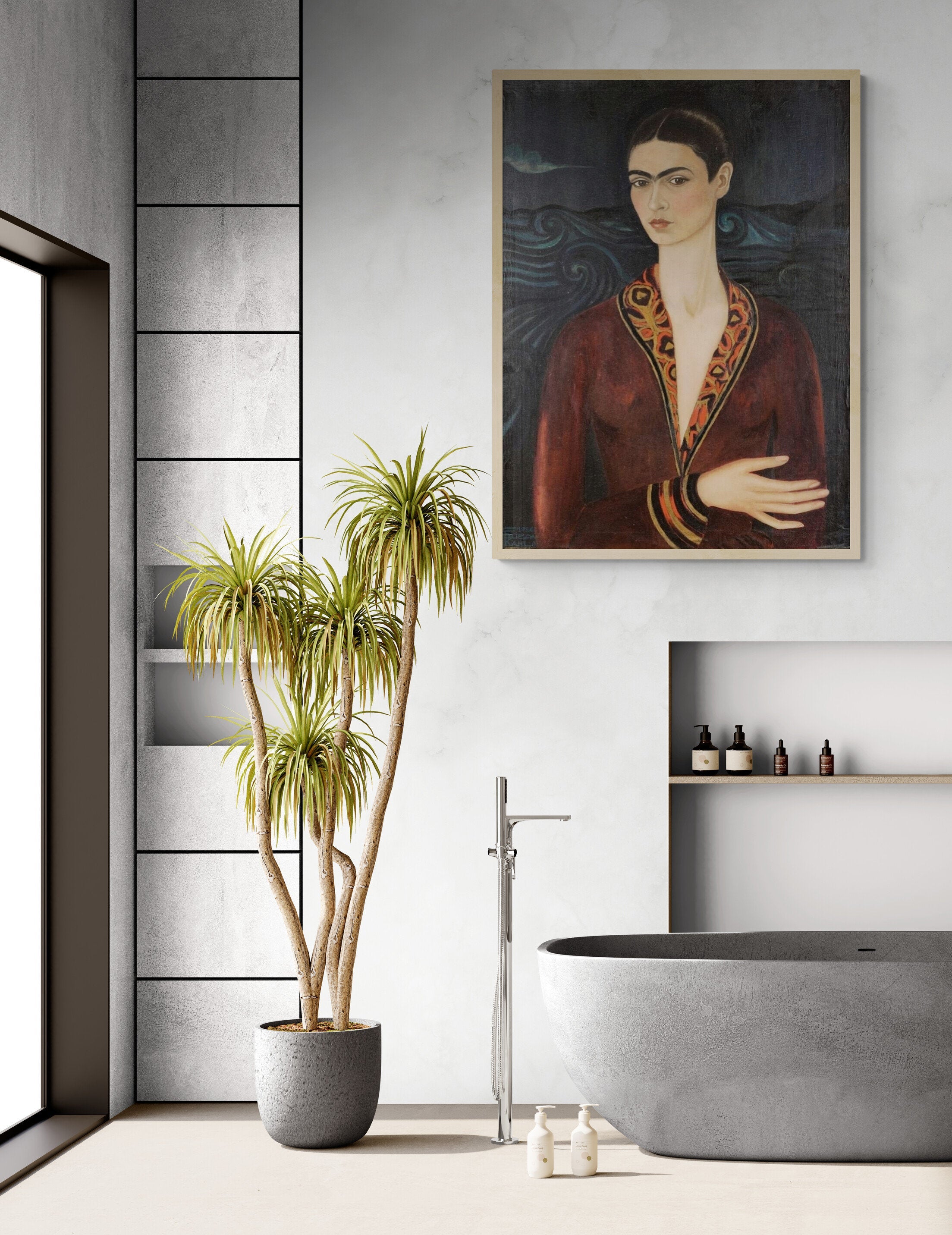Frida Kahlo Self-Portrait Print, Velvet Dress, 3D Hand Finish Canvas FOSHE ART