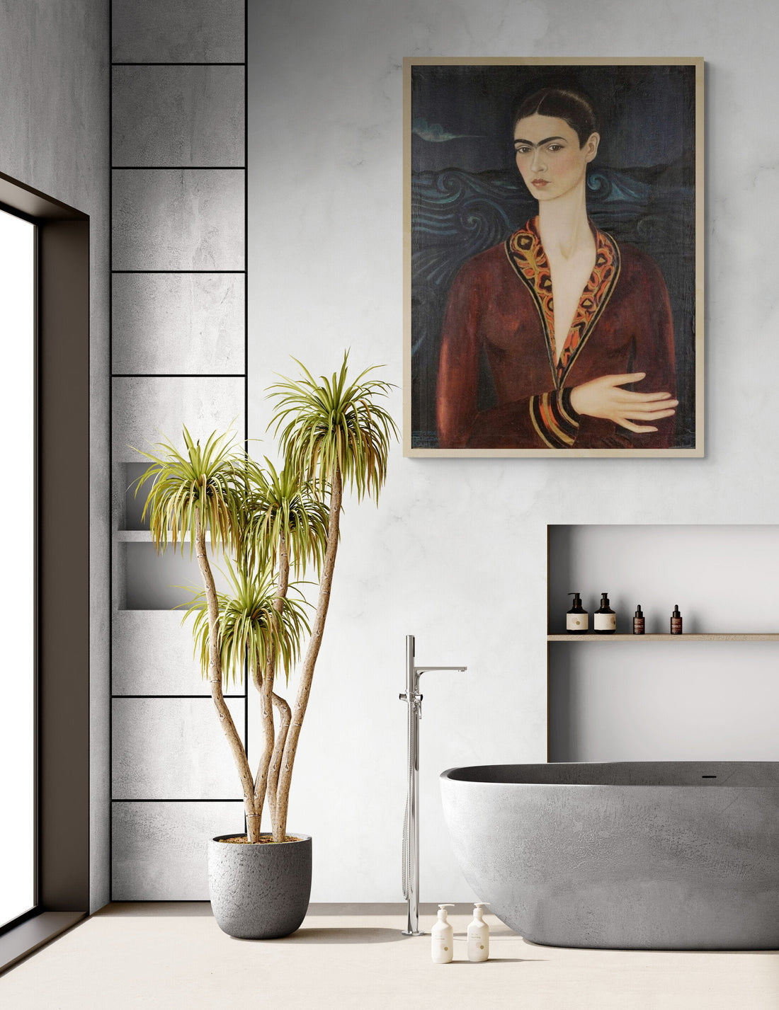 Frida Kahlo Self-Portrait Print, Velvet Dress, 3D Hand Finish Canvas FOSHE ART