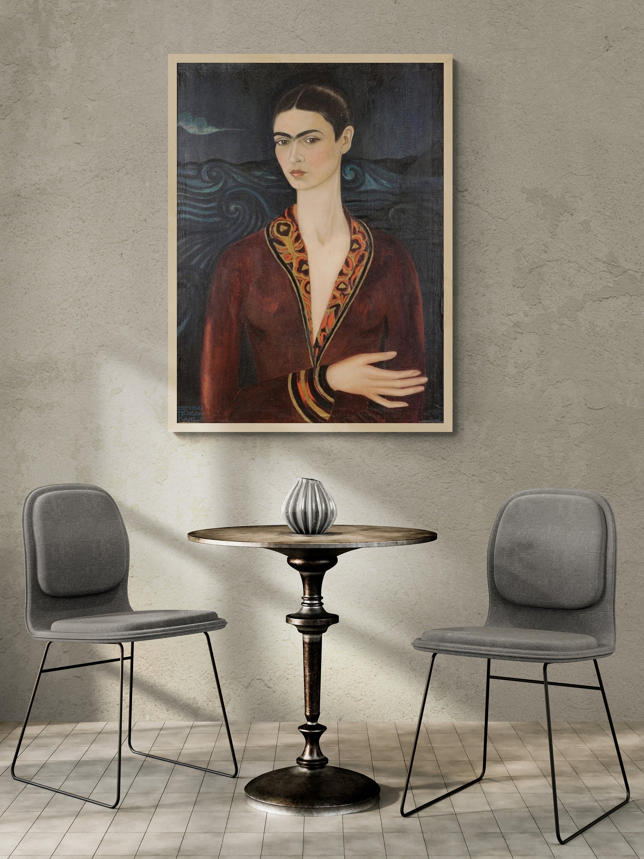 Frida Kahlo Self-Portrait Print, Velvet Dress, 3D Hand Finish Canvas FOSHE ART
