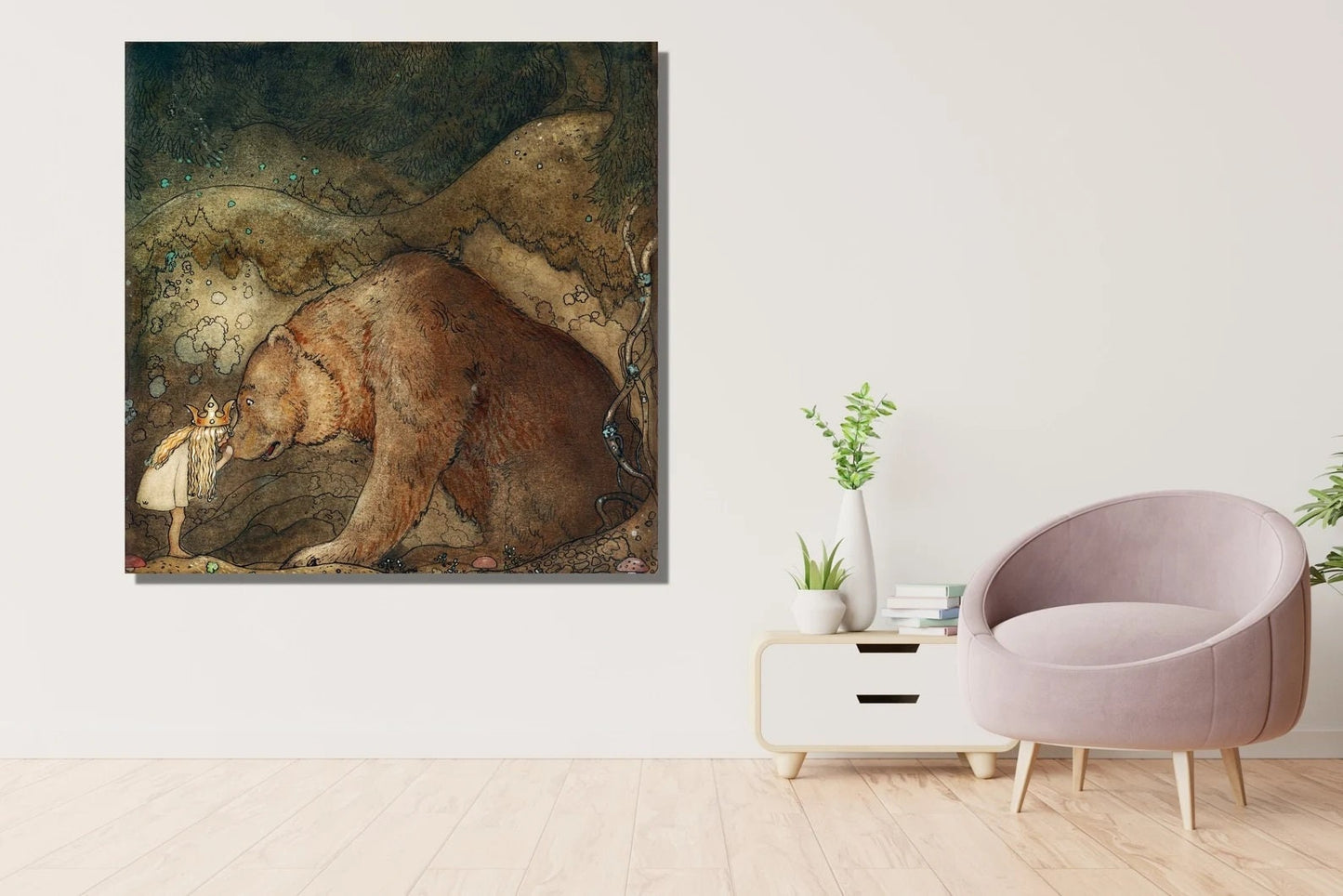 Princess Bella’s Bear Kiss – Vintage John Bauer Reproduction, Fairy Tale Illustration, Canvas Wall Decor Art, Swedish Artist Premium Art