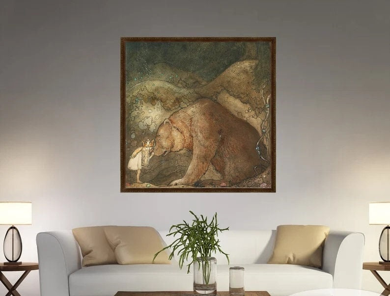 Princess Bella’s Bear Kiss – Vintage John Bauer Reproduction, Fairy Tale Illustration, Canvas Wall Decor Art, Swedish Artist Premium Art