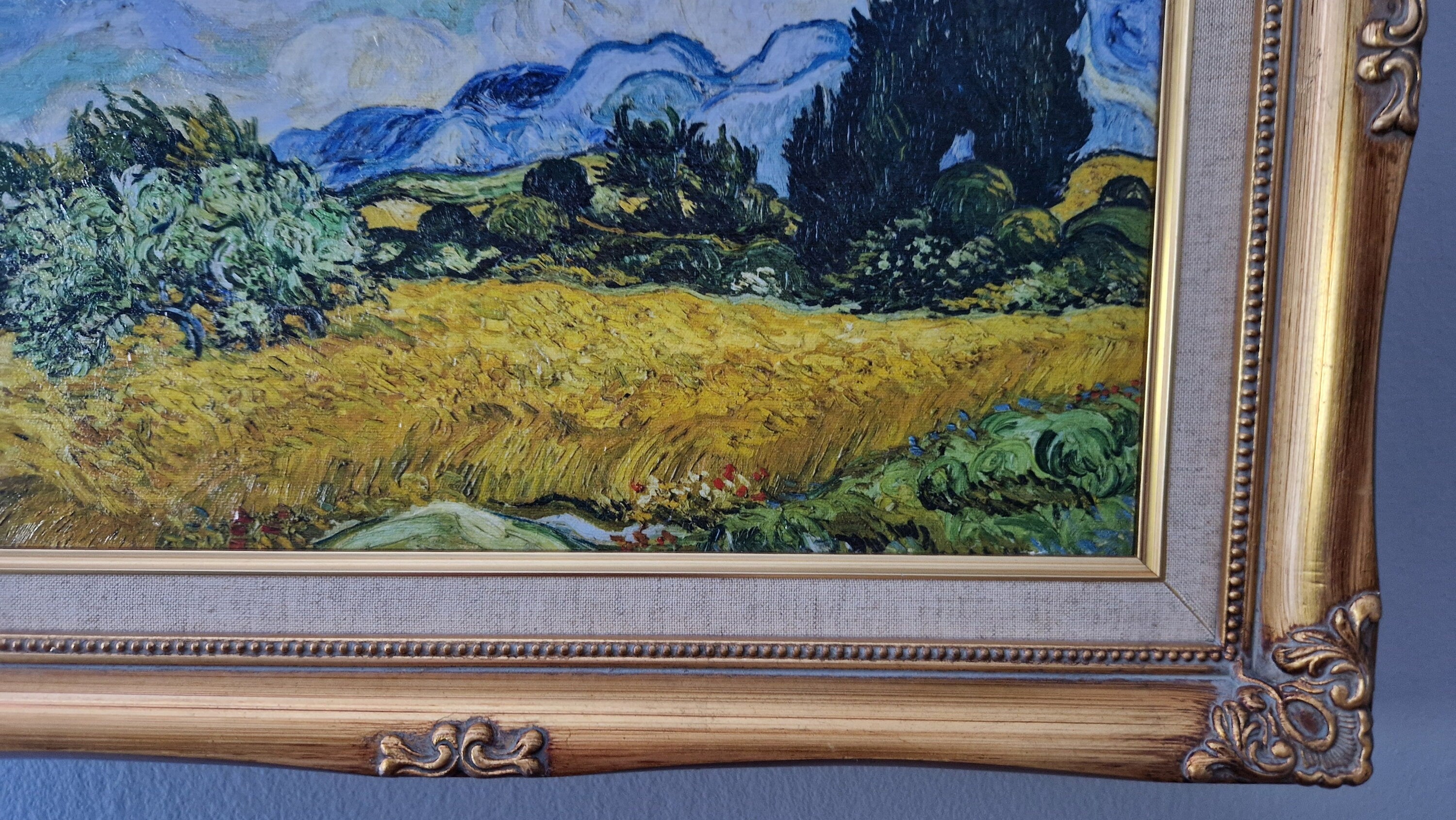 Giclée framed canvas print of Vincent Van Gogh painting - Wheat Field with Cypresses, Museum Quality 3D Oil Canvas Print with vintage frame