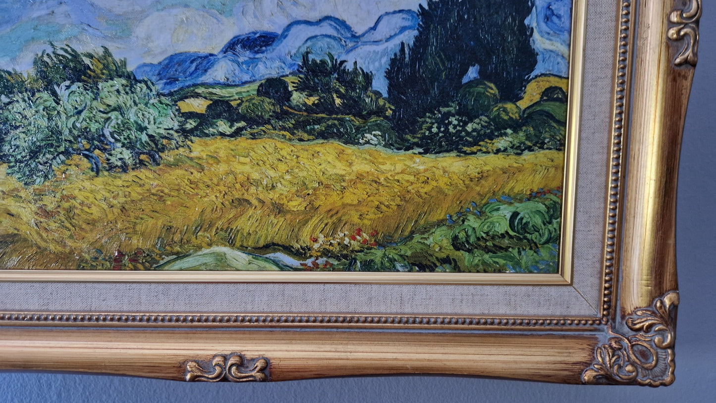 Giclée framed canvas print of Vincent Van Gogh painting - Wheat Field with Cypresses, Museum Quality 3D Oil Canvas Print with vintage frame