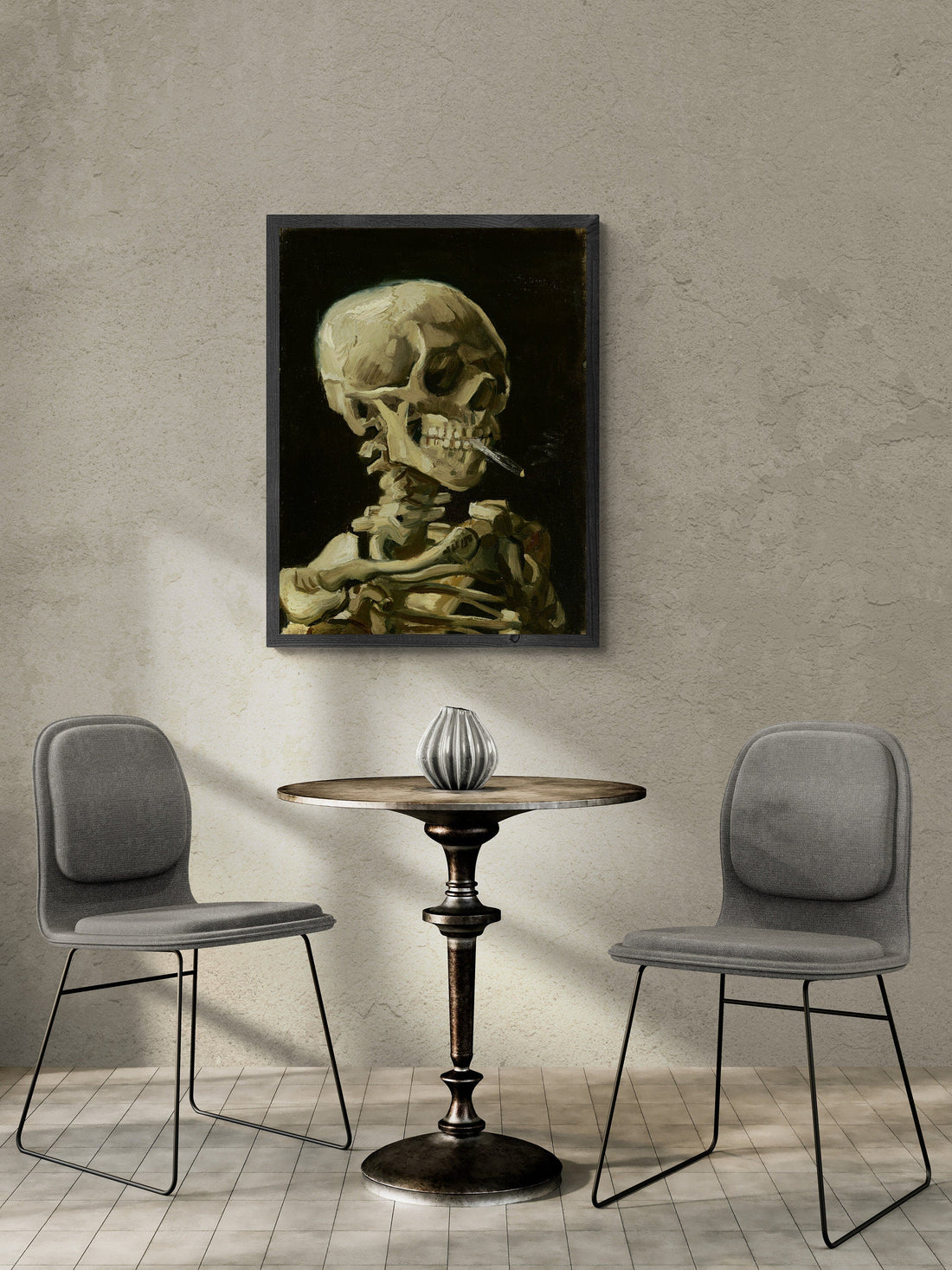 Head of Skeleton with Burning Cigarette, Van Gogh Giclée Art Print, Heavyweight paper/art canvas, 3D printed with texture and brush strokes FOSHE ART