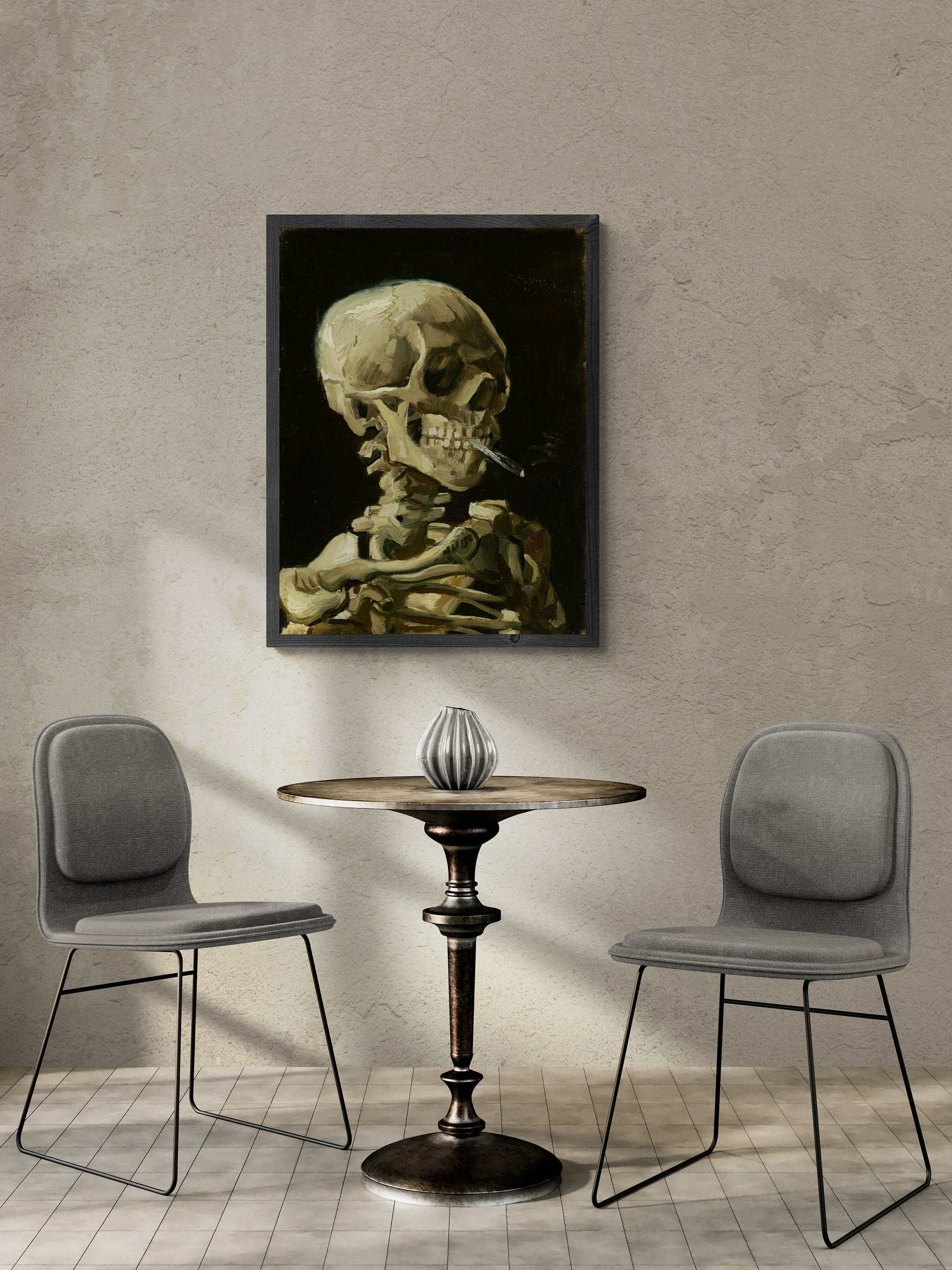 Head of Skeleton with Burning Cigarette, Van Gogh Giclée Art Print, Heavyweight paper/art canvas, 3D printed with texture and brush strokes FOSHE ART