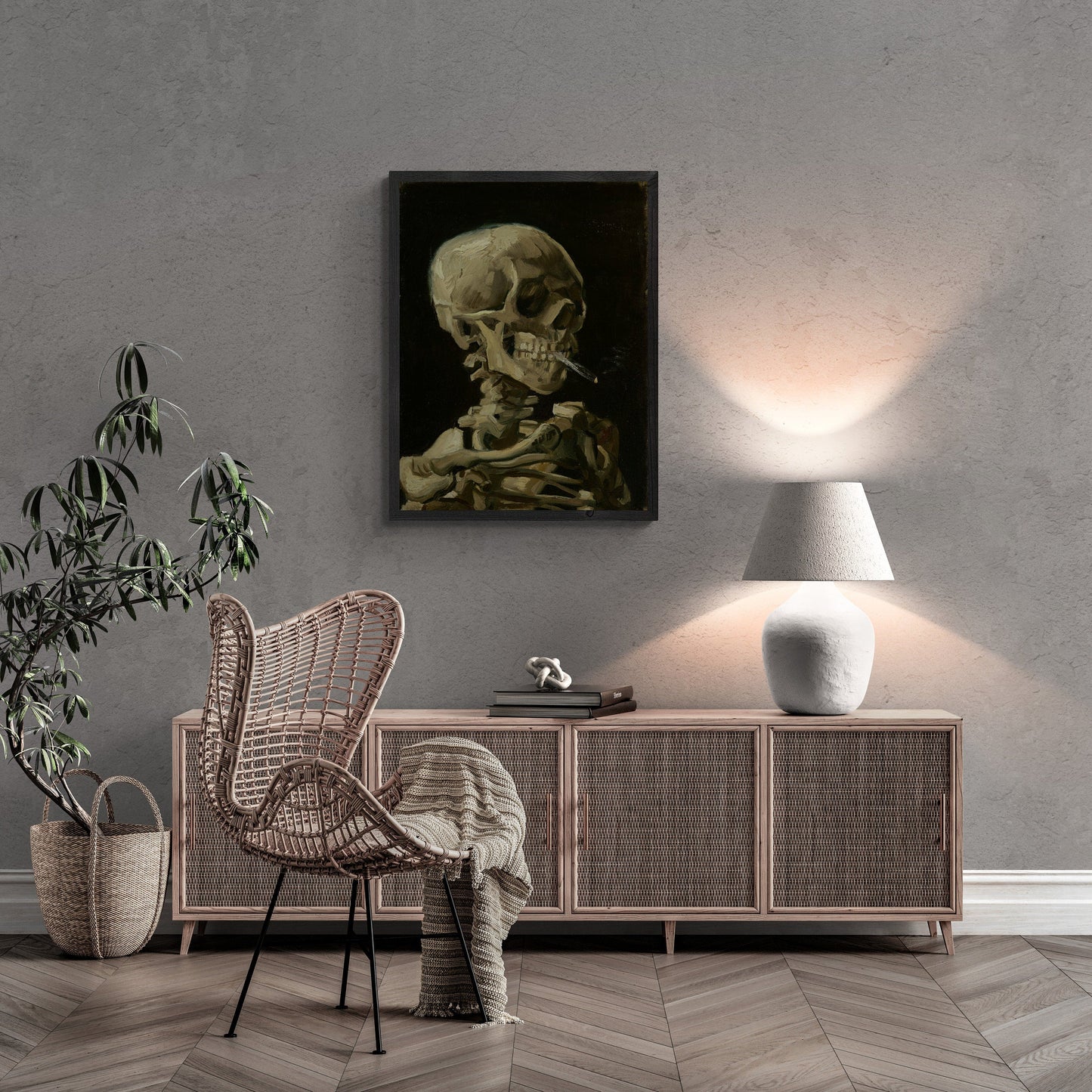 Head of Skeleton with Burning Cigarette, Van Gogh Giclée Art Print, Heavyweight paper/art canvas, 3D printed with texture and brush strokes FOSHE ART