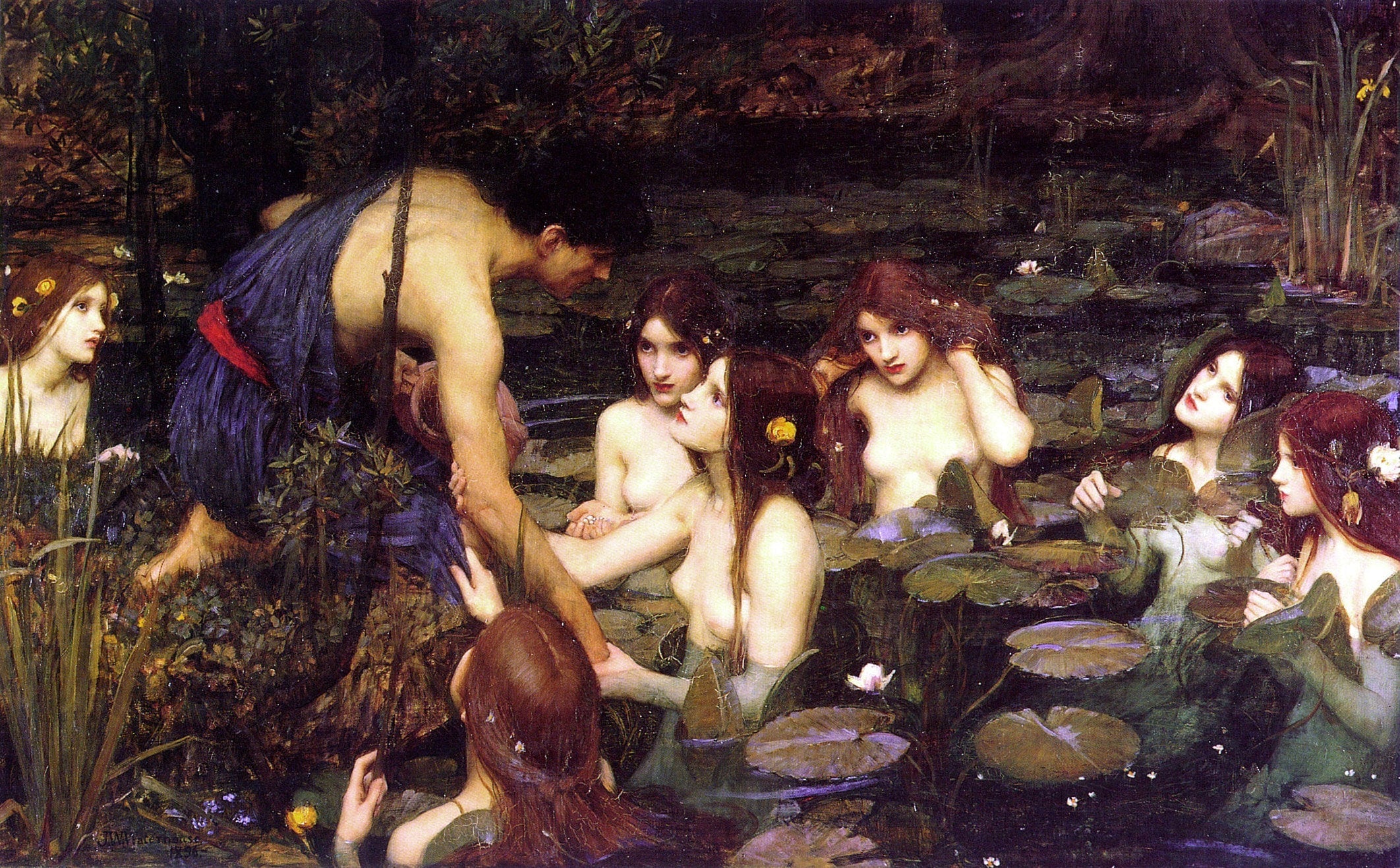 Hylas and the Nymphs Canvas Print: Brush Stroke Texture, Vintage Gold Frame FOSHE ART