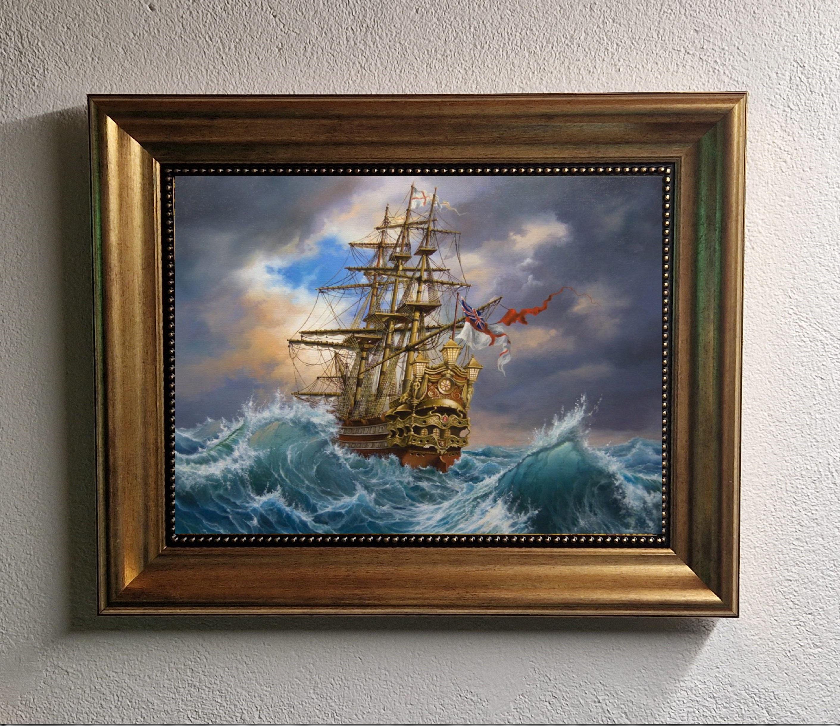 Ship oil painting print reproduction on canvas in Antiqued Gold Frame FOSHE ART