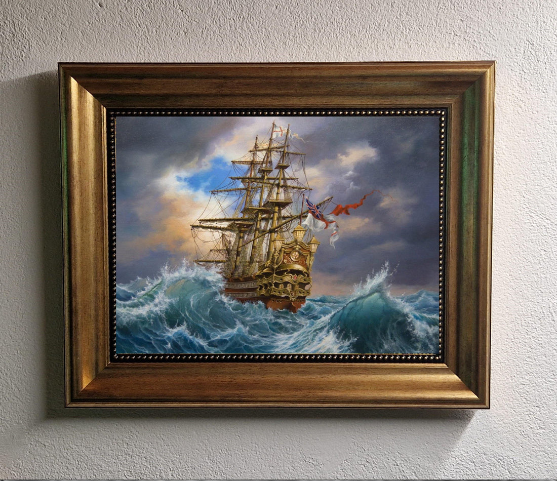 Ship oil painting print reproduction on canvas in Antiqued Gold Frame FOSHE ART