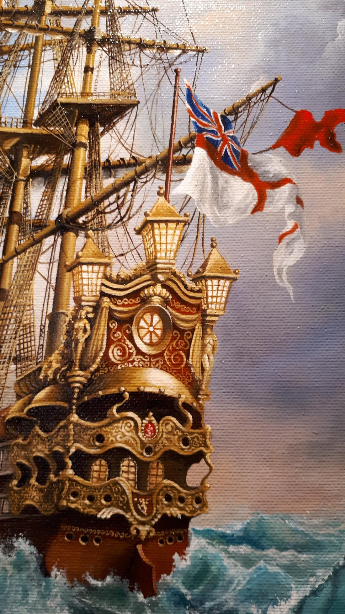Ship oil painting print reproduction on canvas in Antiqued Gold Frame FOSHE ART
