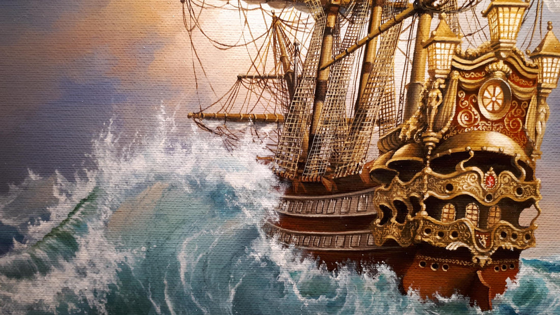 Ship oil painting print reproduction on canvas in Antiqued Gold Frame FOSHE ART
