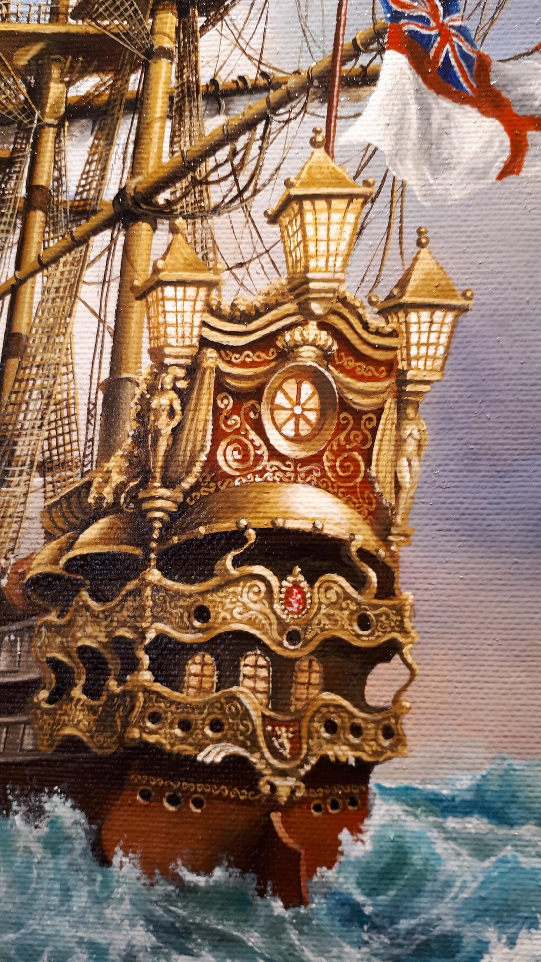 Ship oil painting print reproduction on canvas in Antiqued Gold Frame FOSHE ART