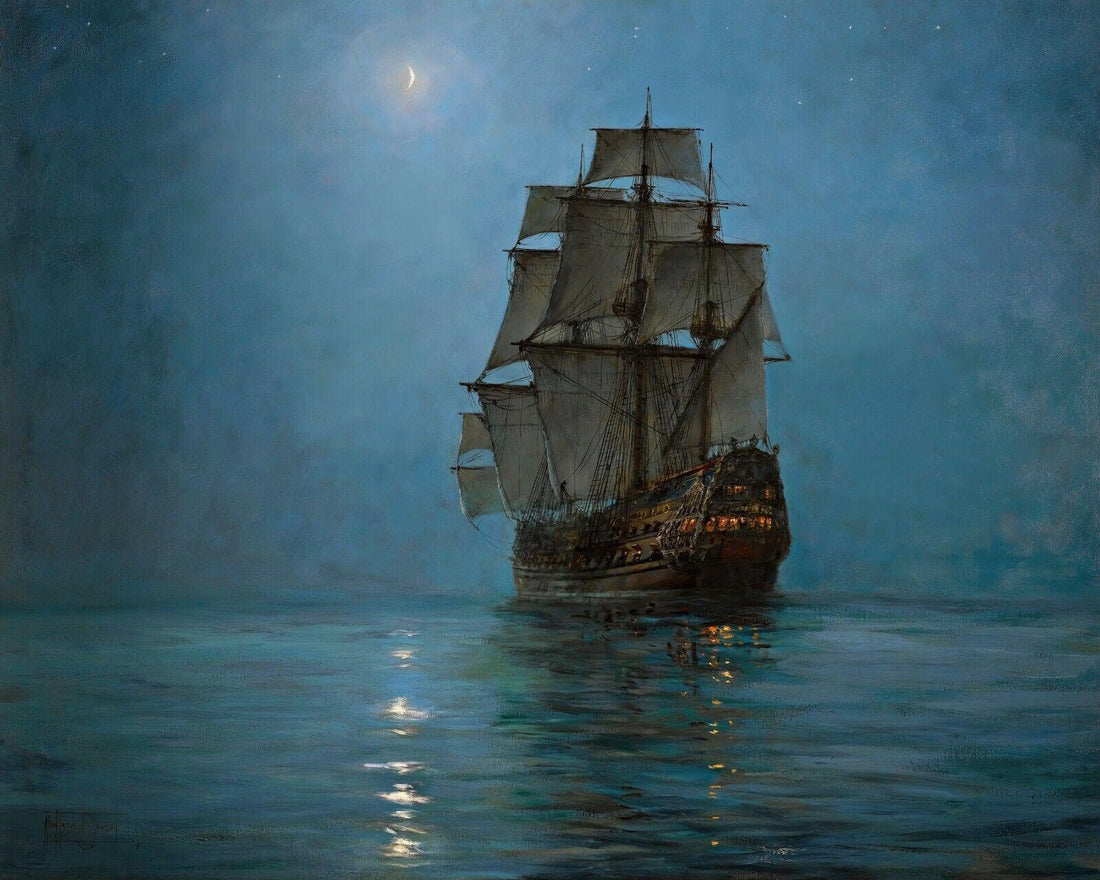 Montague Dawson Crescent Moon Ship Painting, Vintage Framed Giclée Canvas Print FOSHE ART