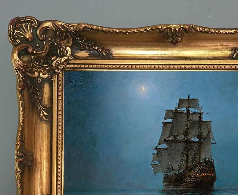 Montague Dawson Crescent Moon Ship Painting, Vintage Framed Giclée Canvas Print FOSHE ART