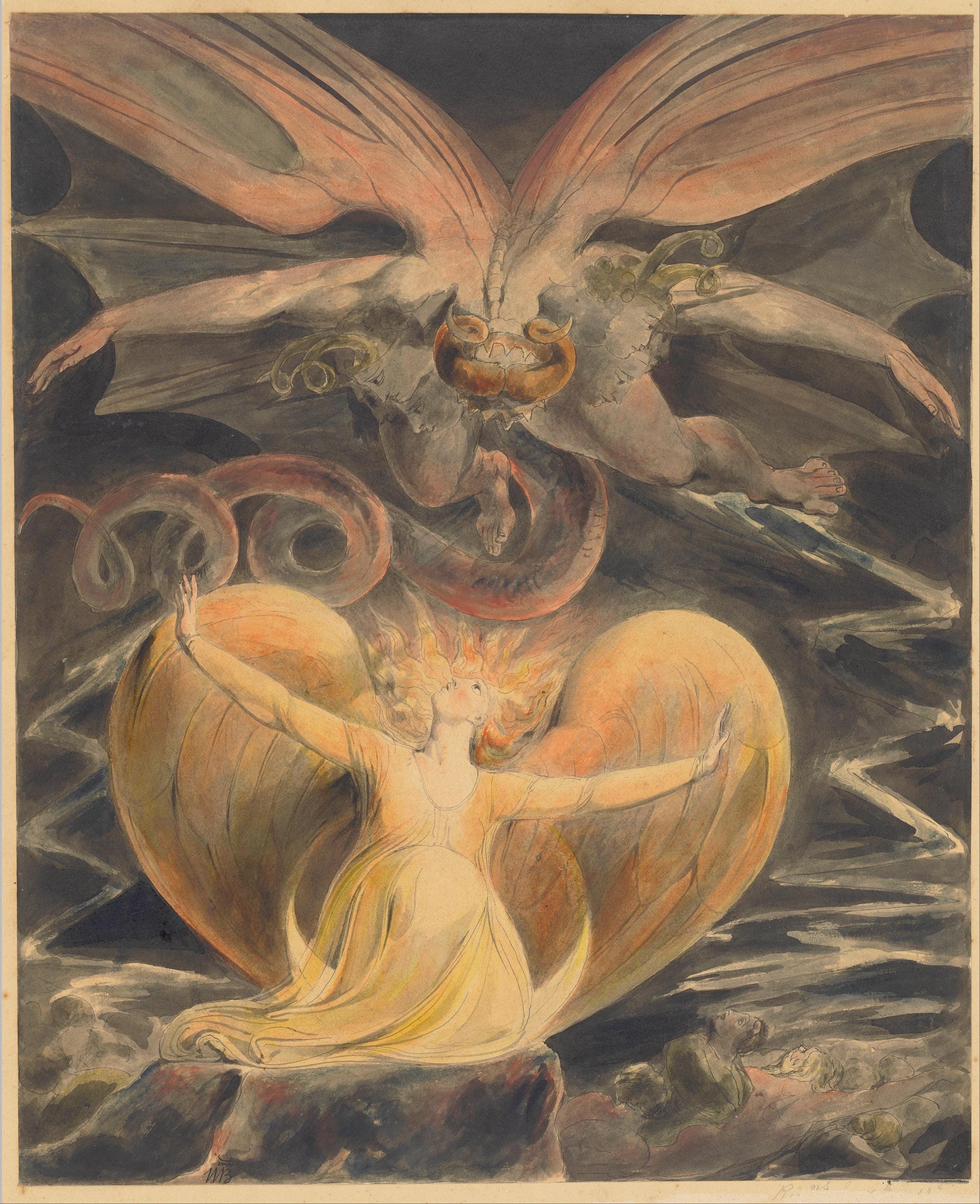 Set of 3 William Blake Paintings, The Cosmic Battle: The Great Red Dragon and the Woman Clothed with the Sun, The number of the beast is 666