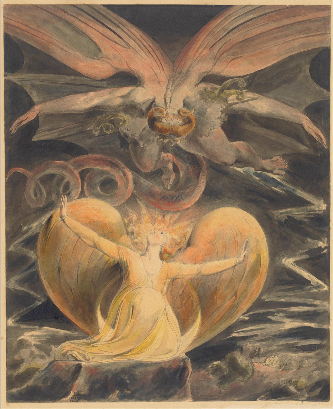 Set of 3 William Blake Paintings, The Cosmic Battle: The Great Red Dragon and the Woman Clothed with the Sun, The number of the beast is 666
