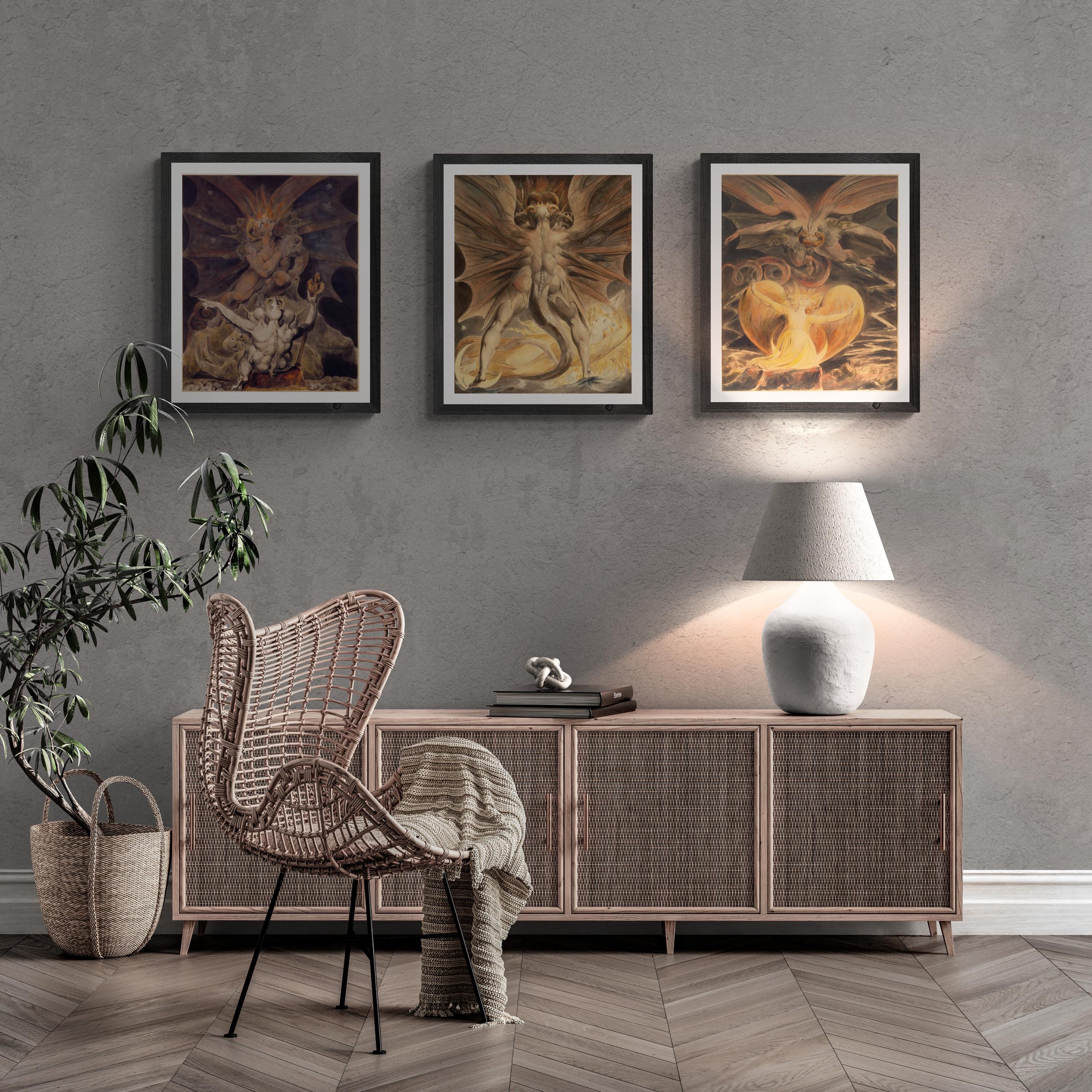 Set of 3 William Blake Paintings, The Cosmic Battle: The Great Red Dragon and the Woman Clothed with the Sun, The number of the beast is 666