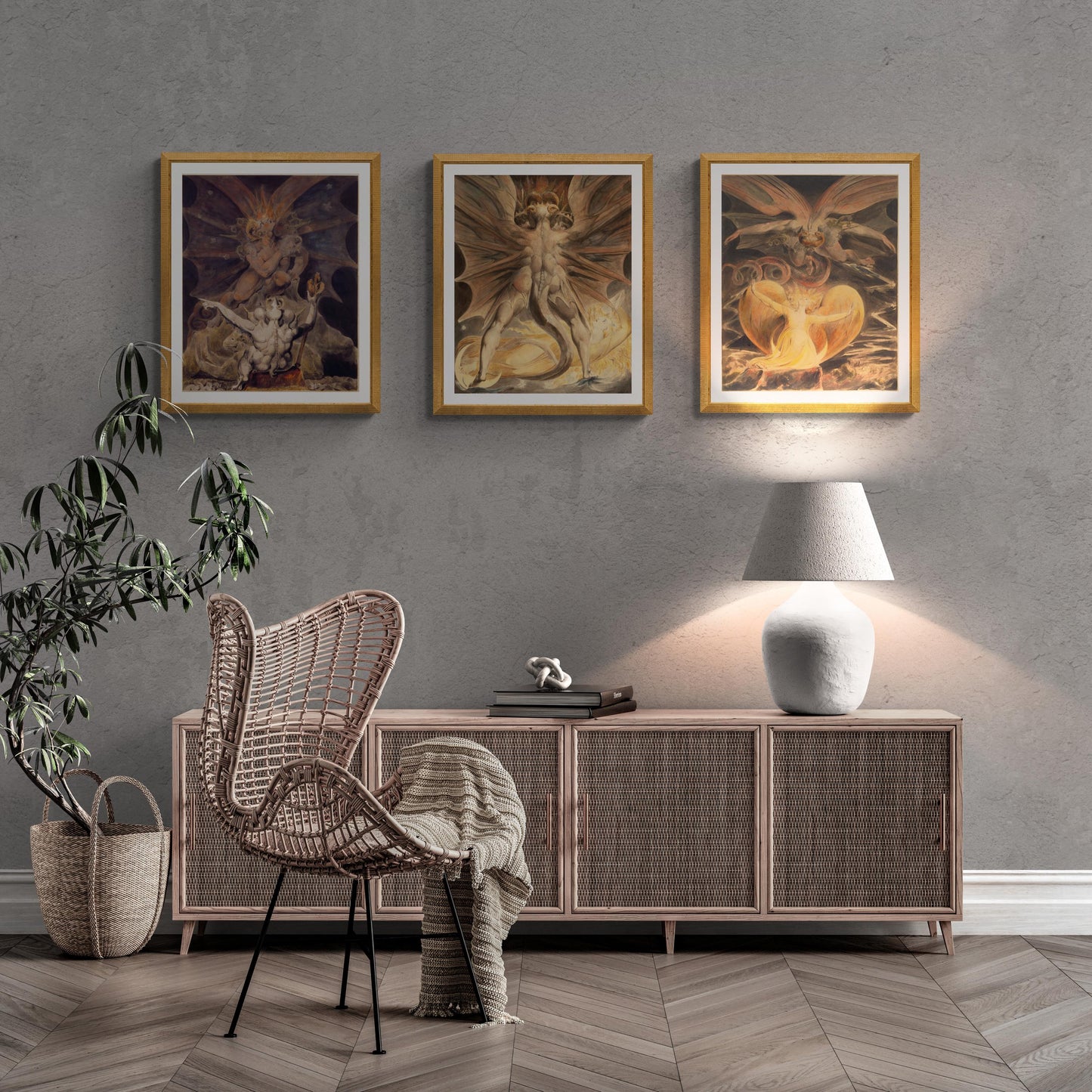 Set of 3 William Blake Paintings, The Cosmic Battle: The Great Red Dragon and the Woman Clothed with the Sun, The number of the beast is 666