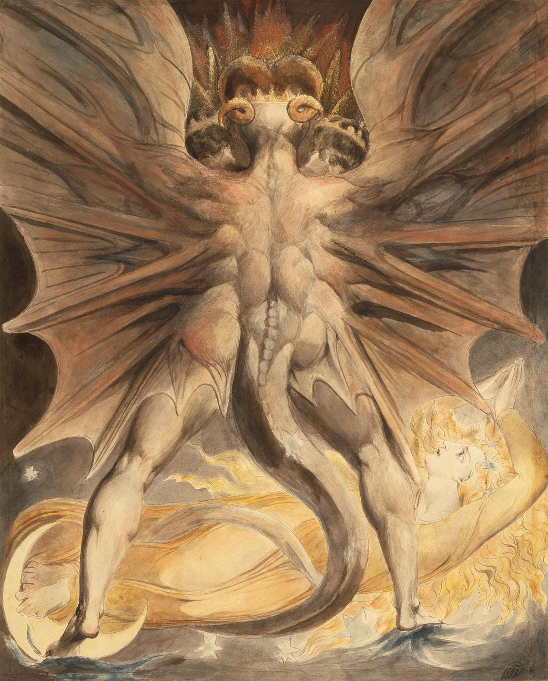 Set of 3 William Blake Paintings, The Cosmic Battle: The Great Red Dragon and the Woman Clothed with the Sun, The number of the beast is 666