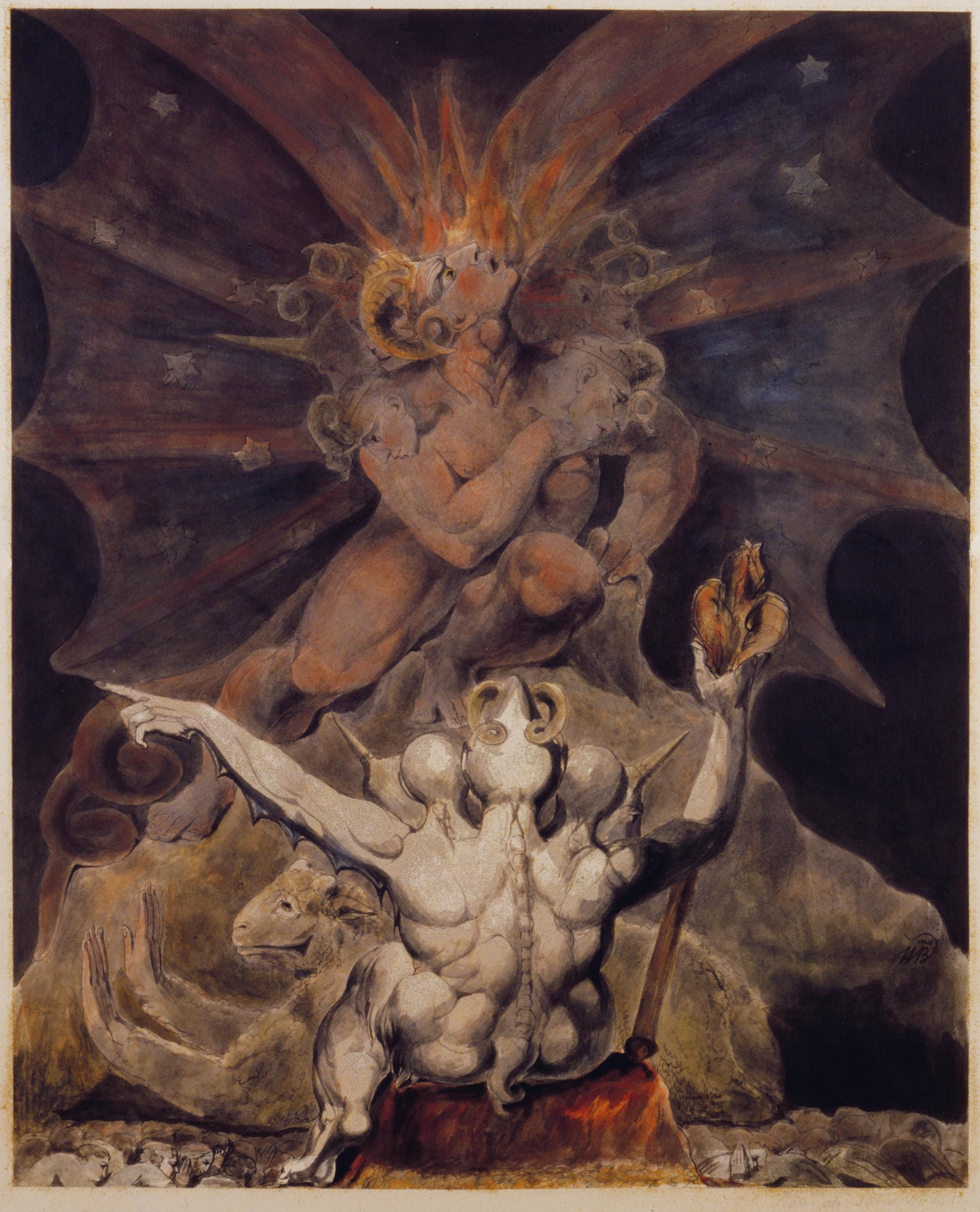 Set of 3 William Blake Paintings, The Cosmic Battle: The Great Red Dragon and the Woman Clothed with the Sun, The number of the beast is 666