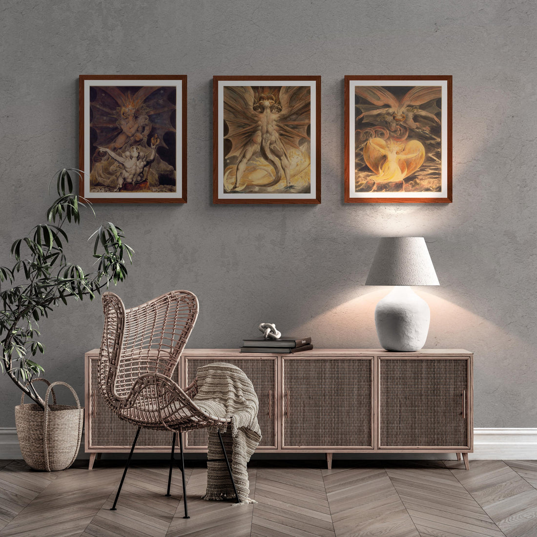 Set of 3 William Blake Paintings, The Cosmic Battle: The Great Red Dragon and the Woman Clothed with the Sun, The number of the beast is 666