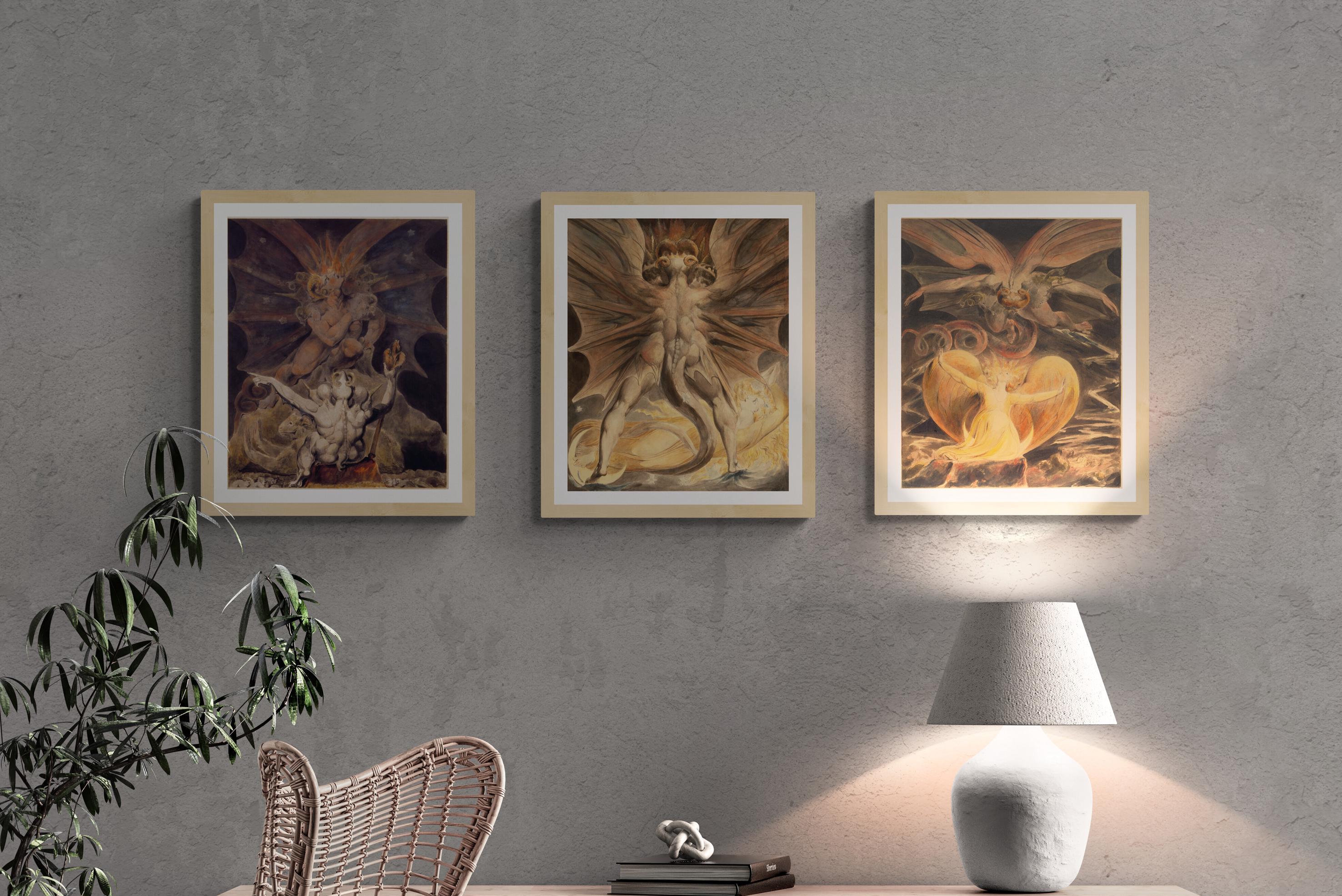 Set of 3 William Blake Paintings, The Cosmic Battle: The Great Red Dragon and the Woman Clothed with the Sun, The number of the beast is 666