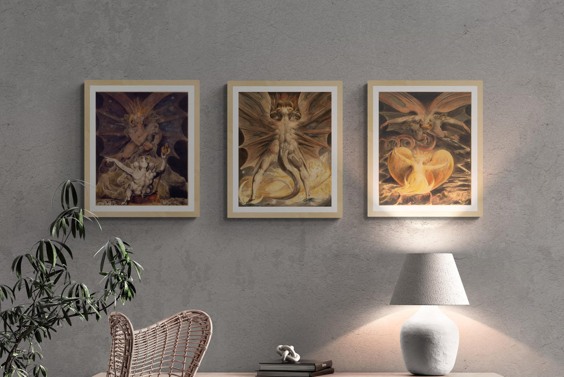 Set of 3 William Blake Paintings, The Cosmic Battle: The Great Red Dragon and the Woman Clothed with the Sun, The number of the beast is 666