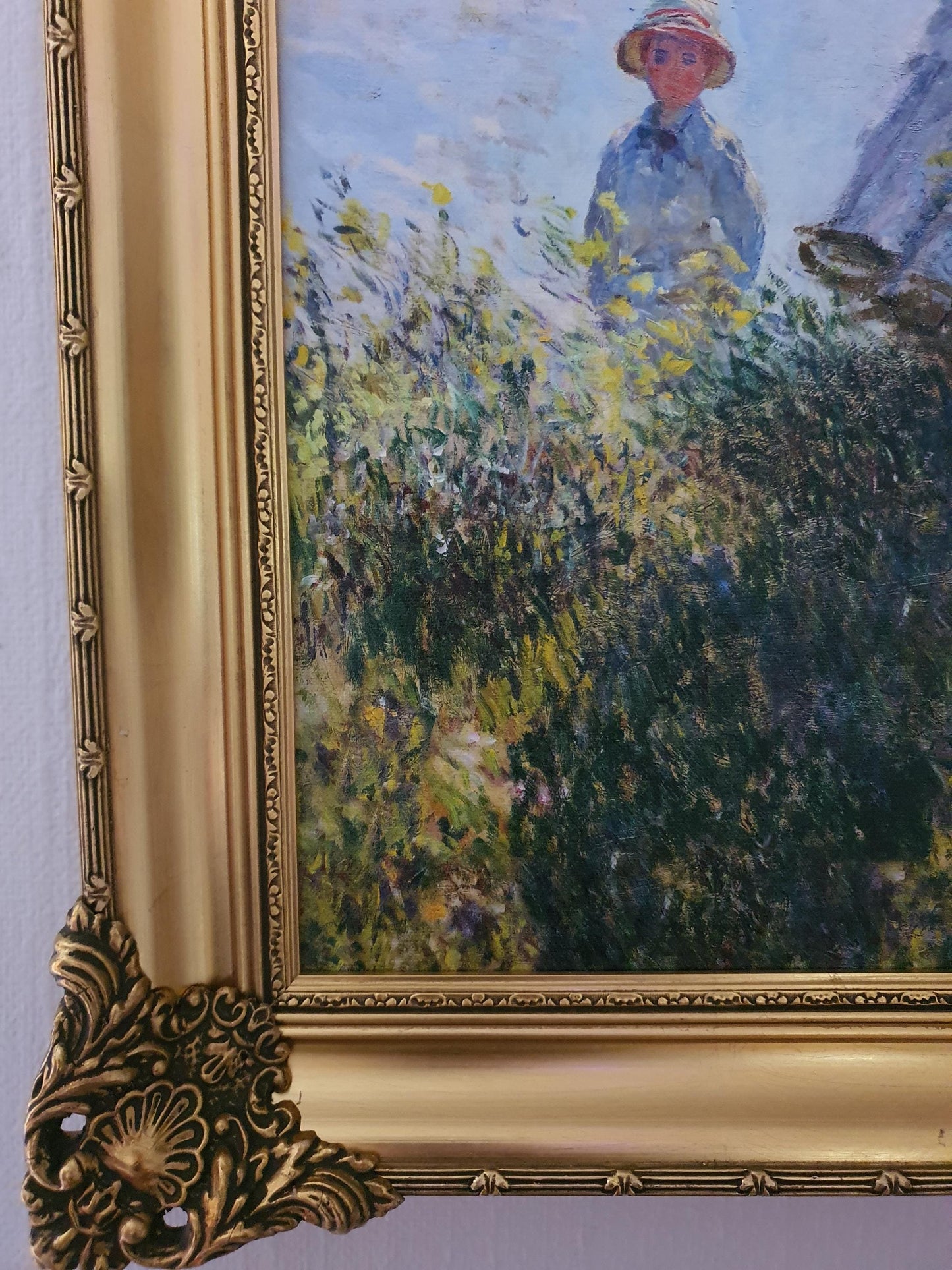 CLaude Monet: Woman with a Parasol Giclée canvas with texture and brush strokes looks like original oil painting, with vintage golden frame