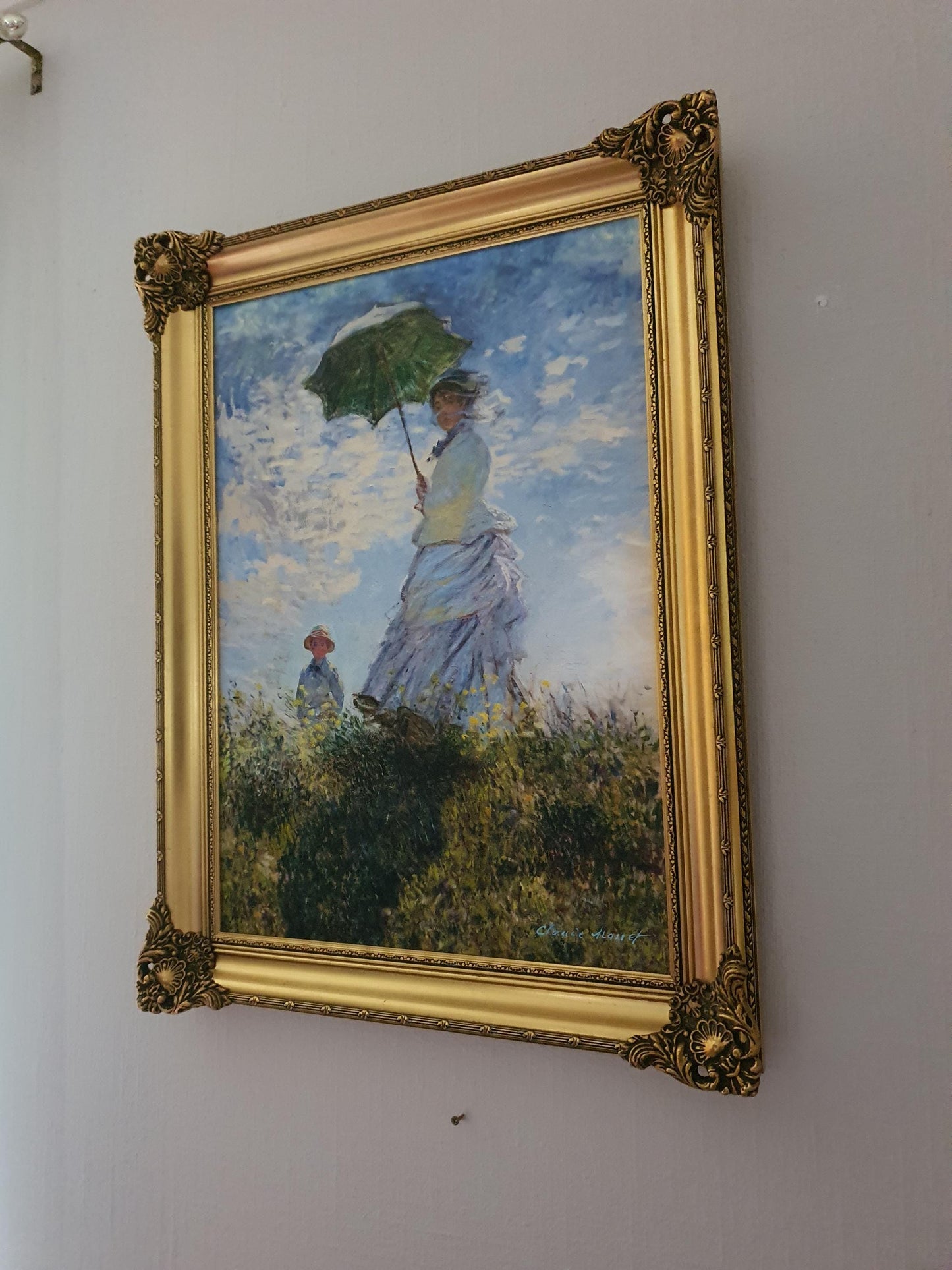 CLaude Monet: Woman with a Parasol Giclée canvas with texture and brush strokes looks like original oil painting, with vintage golden frame