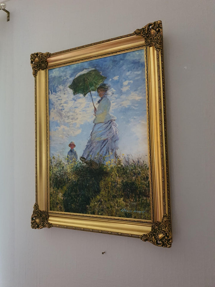 CLaude Monet: Woman with a Parasol Giclée canvas with texture and brush strokes looks like original oil painting, with vintage golden frame