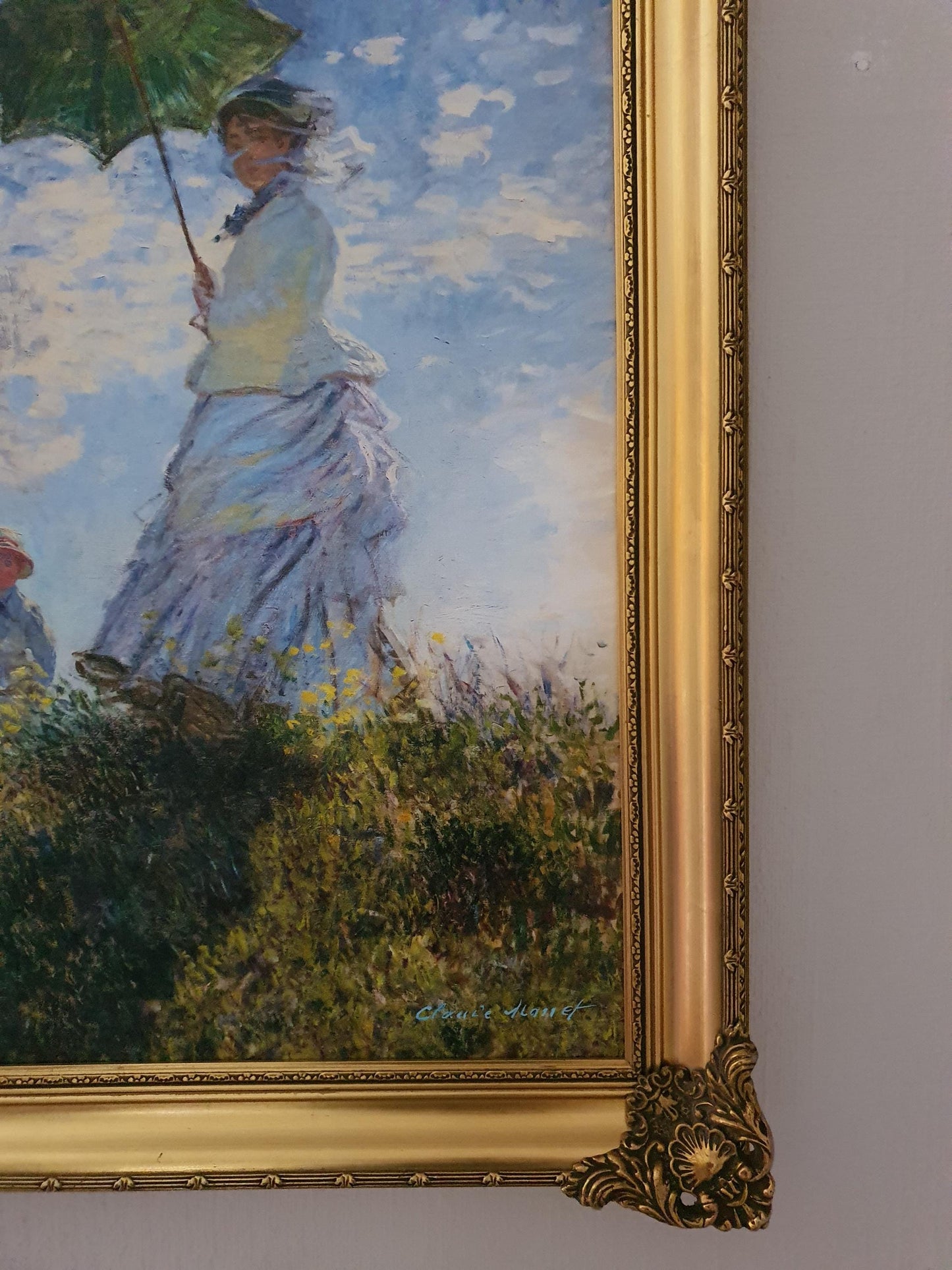 CLaude Monet: Woman with a Parasol Giclée canvas with texture and brush strokes looks like original oil painting, with vintage golden frame