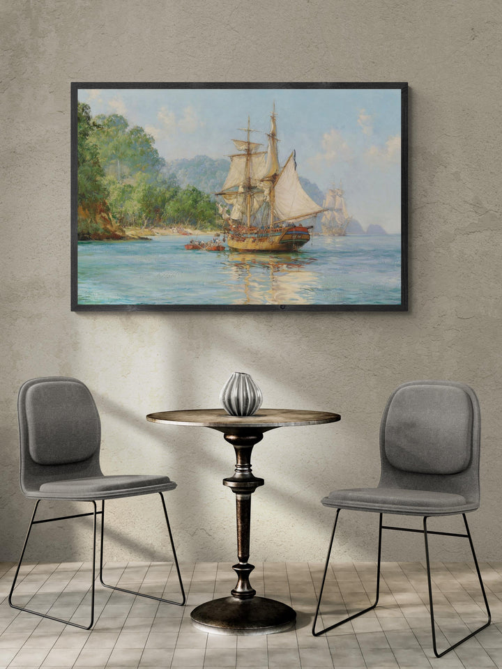 Pirates' Haunt, Cocos Island, Pacific Painting by Montague Dawson Premium Reproduction art print on canvas & art paper