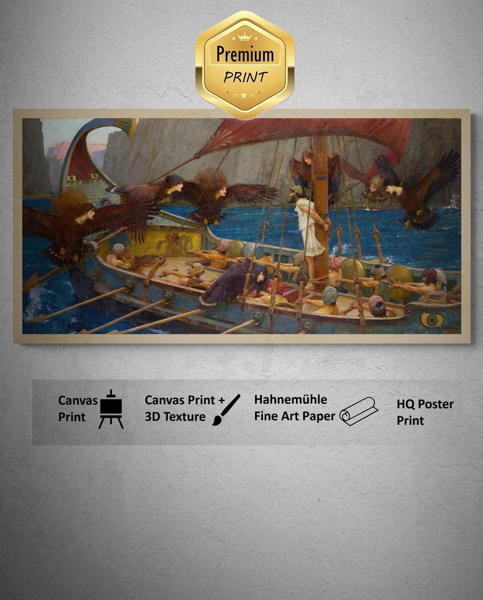 John William Waterhouse - Ulysses and the Sirens (1891) | Fine Art Print | Art Paper, Canvas & 3D Hand Finished Premium Texture Print FOSHE ART