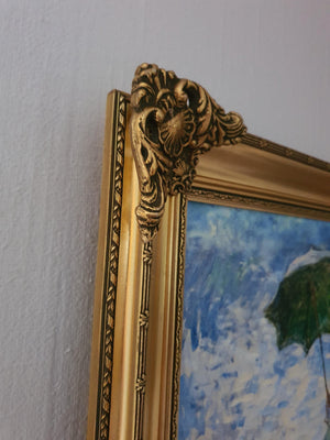 CLaude Monet: Woman with a Parasol Giclée canvas with texture and brush strokes looks like original oil painting, with vintage golden frame