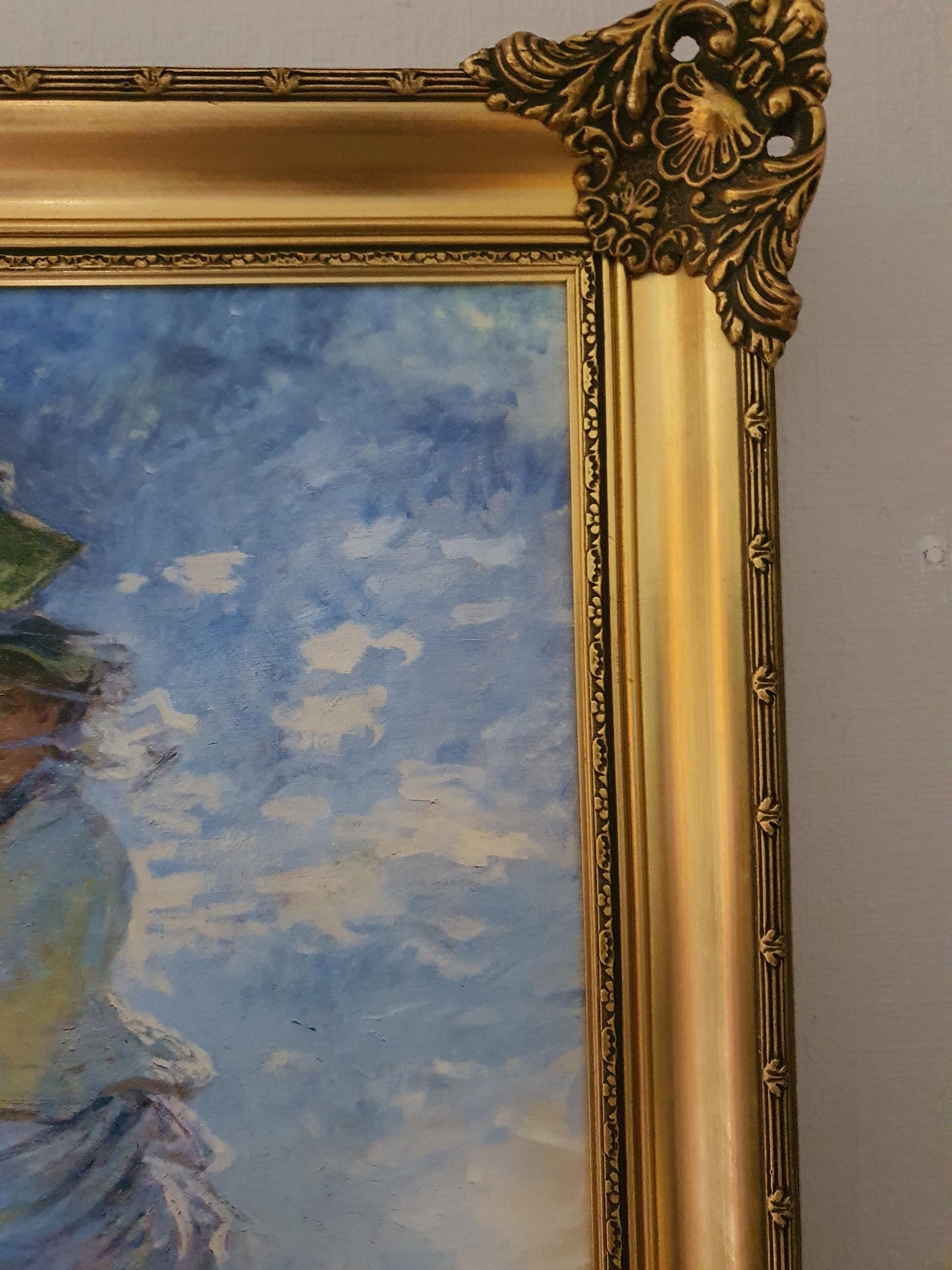 CLaude Monet: Woman with a Parasol Giclée canvas with texture and brush strokes looks like original oil painting, with vintage golden frame